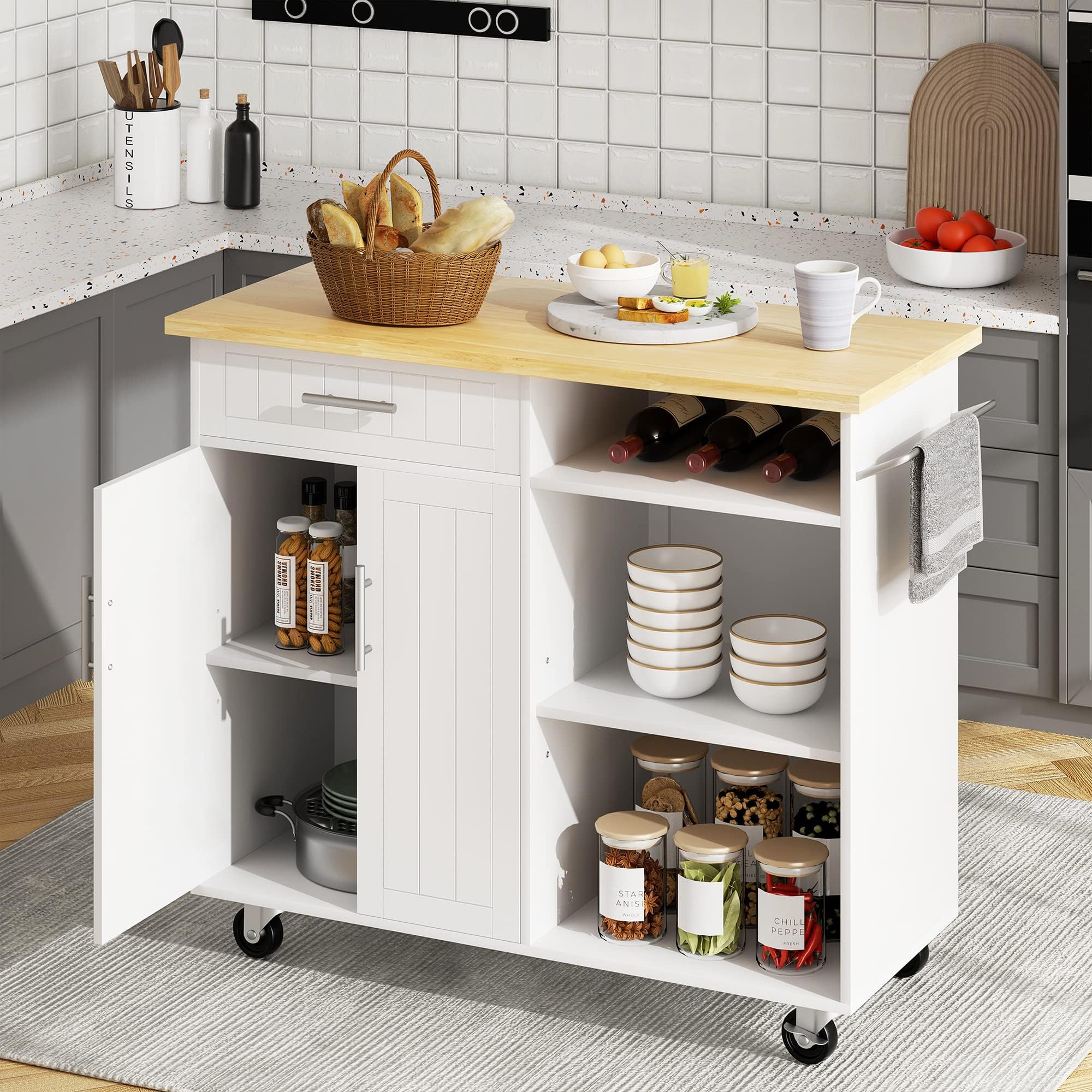 SUNLEI Kitchen Island on Wheels with Storage Cabinet & Drawer, 42" Multifunction Kitchen Cart Cabinet with Shelves, Cart Handle for Towel Rack or Free Mobility, Portable Islands for Kitchen(White)