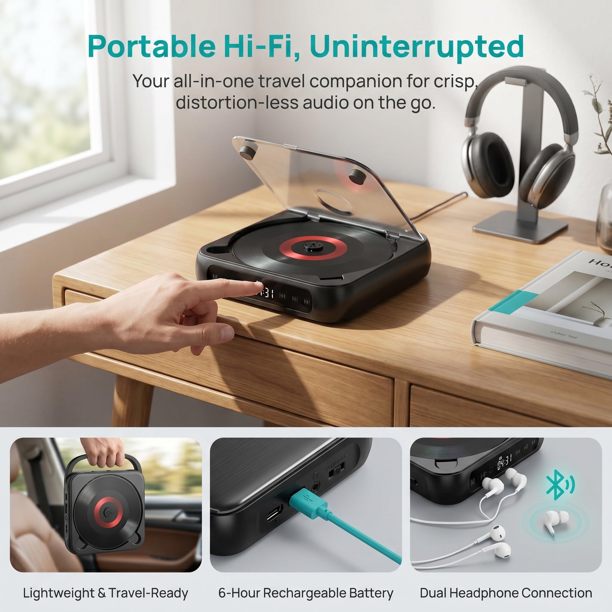 Reproductor De CD Portátil Bluetooth: Sonido De Alta Fidelidad, Recargable, Reproducción Inalámbrica/con Cable, Compatible con CD/CD-RW/mp3, Compacto Y Green 135x135x25mm