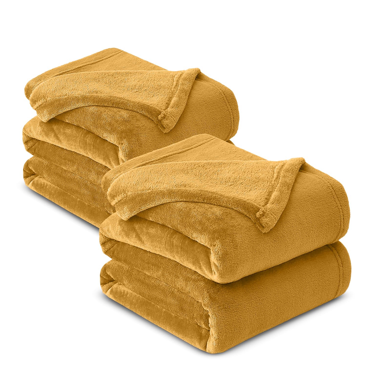 Hafaa Mustard Fleece Blanket Sofa Throw 2 Pack - Soft Cosy Fluffy Blankets For Bed/Couch, Warm Single Throws All Season, 130X150cm