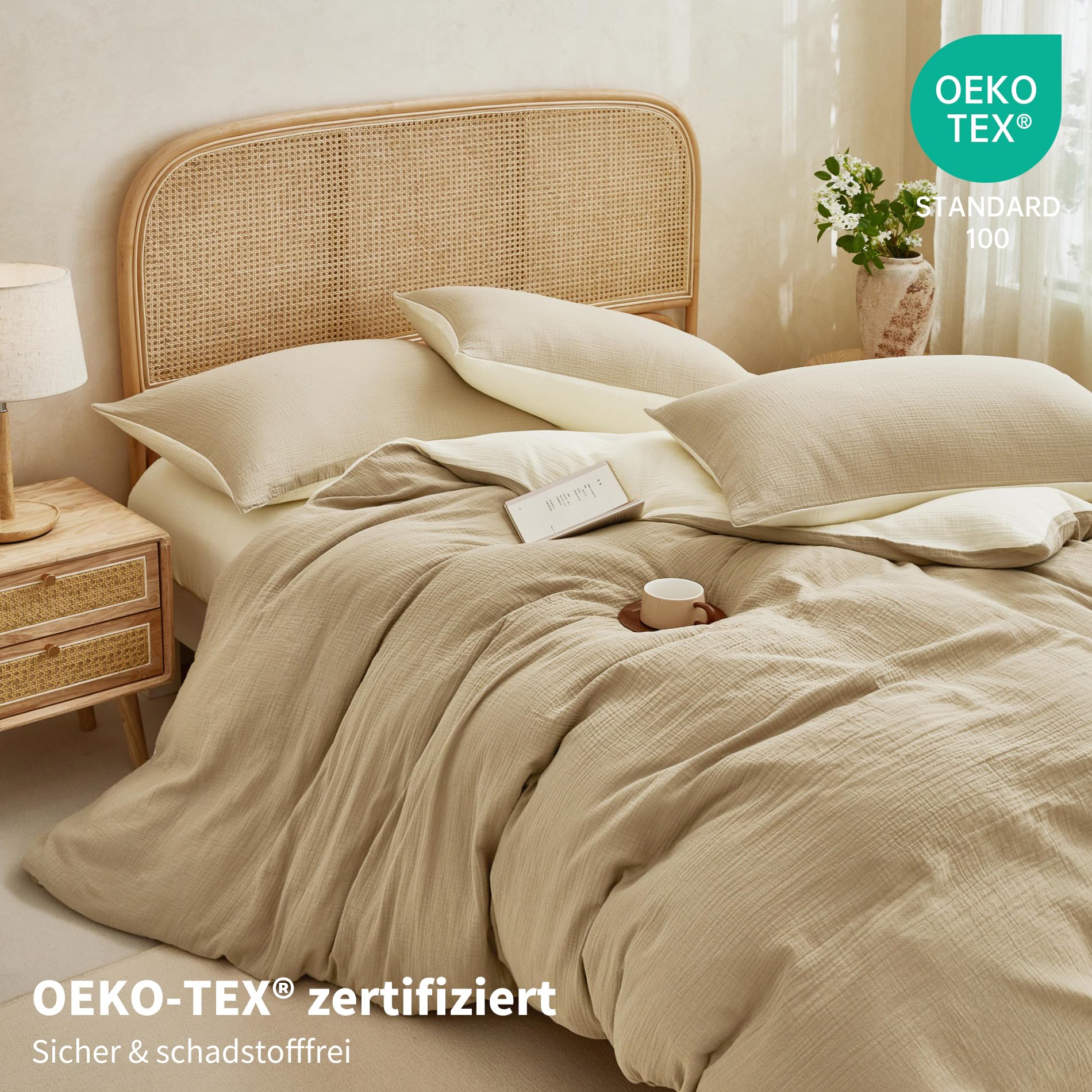 Juego de ropa de cama doble de muselina 135x200, color caqui y beige claro, 100% algodón, muselina, ropa de cama suave, transpirable, acogedora, juego de edredón de 2 piezas con cremallera y