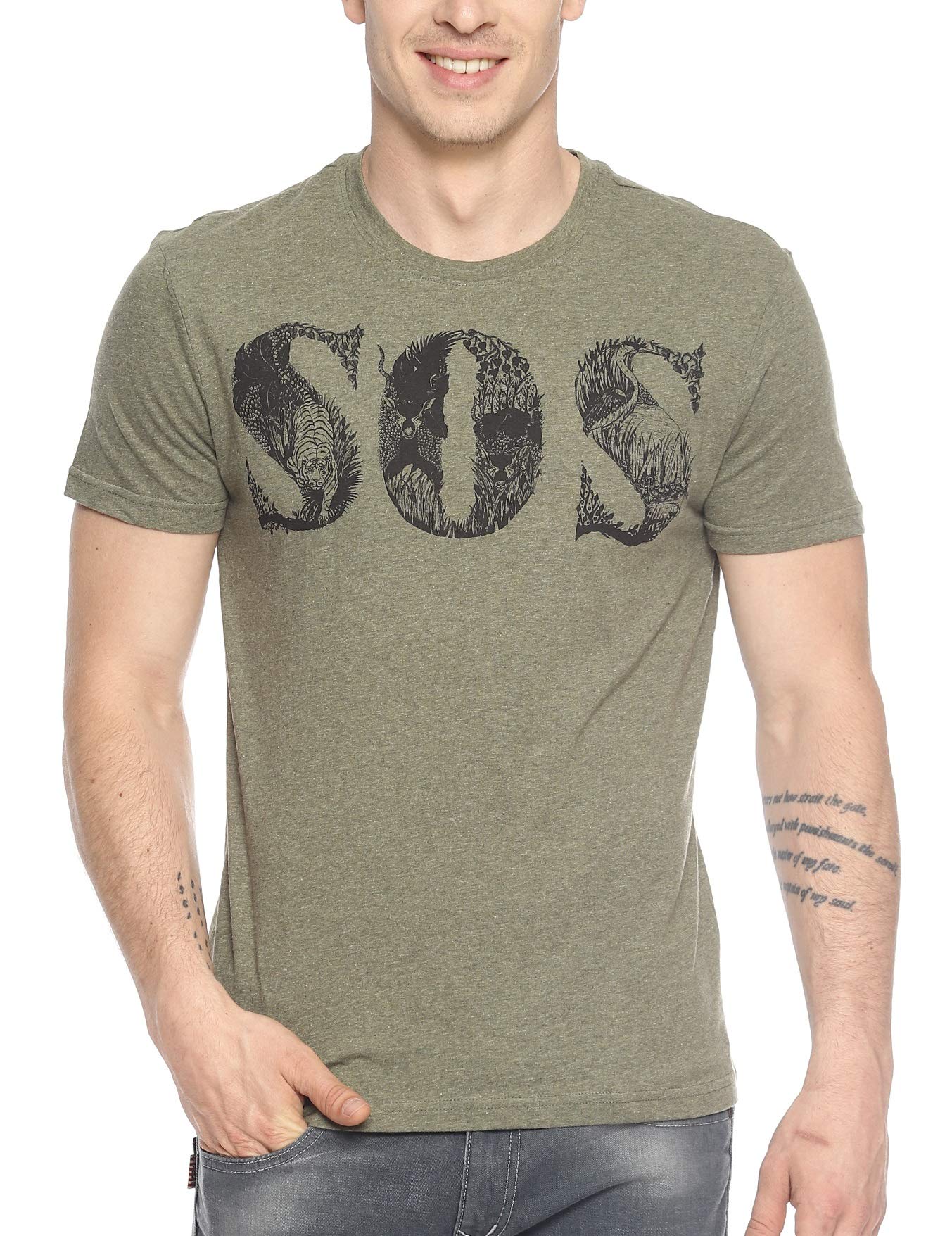 WolfpackOutdoors 100% Cotton SOS - Save Our Souls Light Green Men T-Shirt - Save Animals, Nature, Jungle