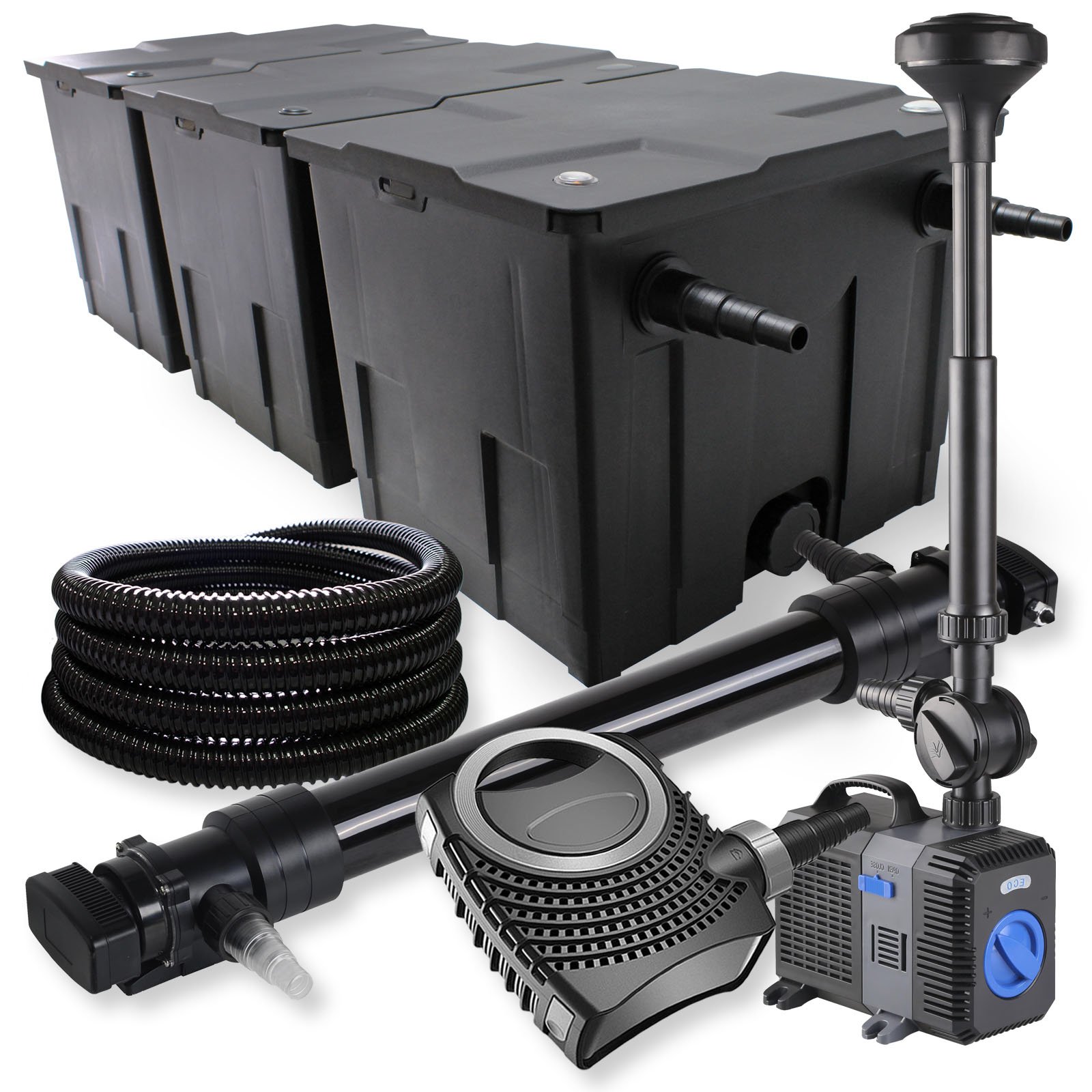 SunSun Kit complet: CBF-350C Filtre de bassin jusqu'à 90000 L, NEO10000 pompe de filtration 10000l/h 80W, CUV-672 lampe uv 72W, 25m Tuyau 25 mm, CTP-5003 fontaine 5000l/h 30W