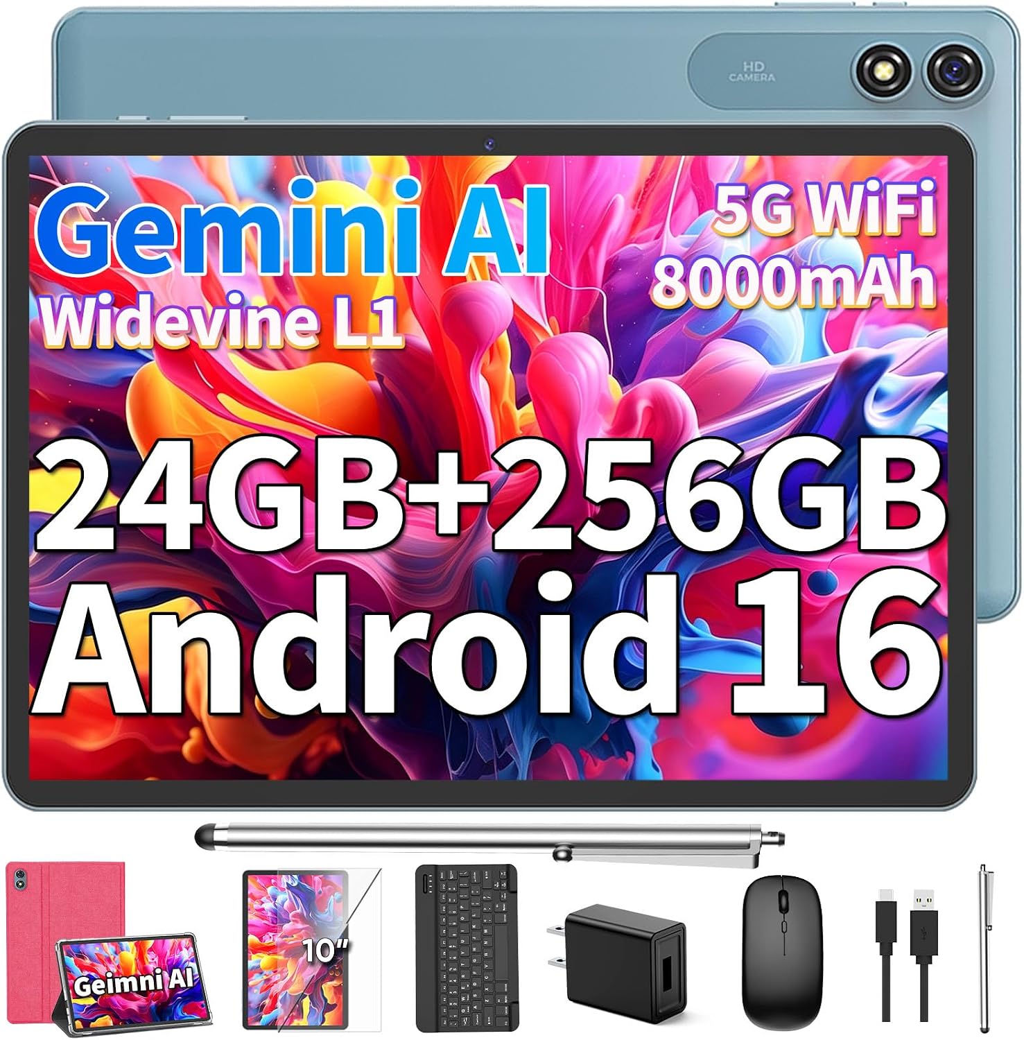 Android 10 inch, AI Android 16 Tablet with Keyboard, 24GB+256GB+2TB, Pink