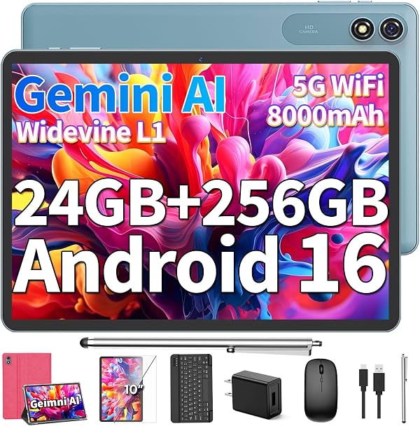 Tablet Android 10 pulgadas, Tablet AI Android 16 con teclado, 24GB+256GB+2TB, Rosa | PC Tablet Gemini AI 2026 con T606 Octa-Core, WiFi 5G, 8000mAh, GPS, GMS, Tablet electrónica 2 en 1 con funda, mouse y lápiz óptico