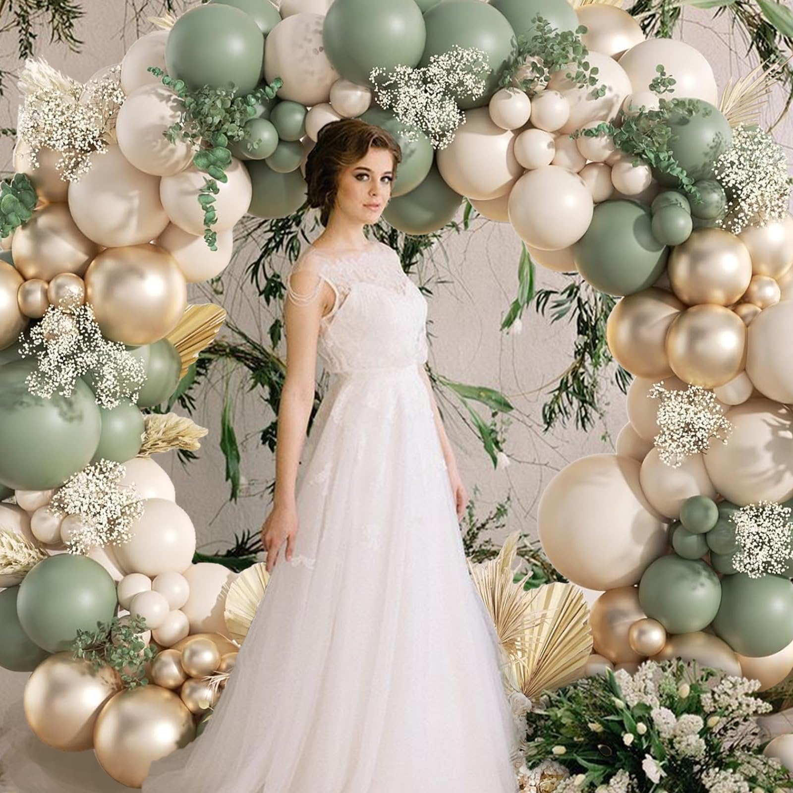 Kit Arco Palloncini Verde Salvia, 108pcs Palloncini Compleanno Verdi Con Verde Avocado, Oro Champagne e Sabbia Bianco Palloncini Per Compleanno, Baby Shower, Battesimo Bambino, Addobbi Matrimonio