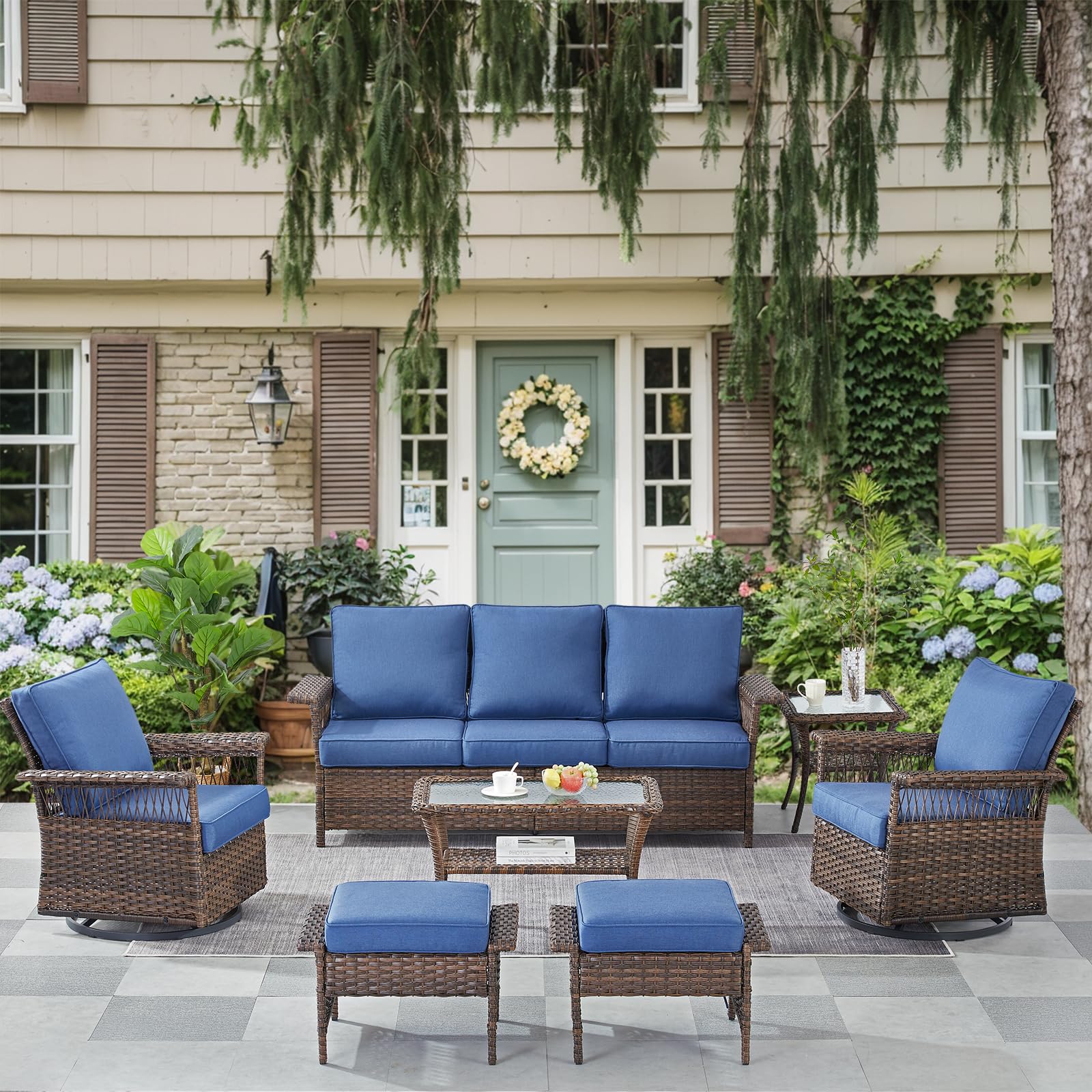 Bellefurn Patio Furniture Set Wicker Swivel Glider Chairs PE Rattan Sofa Ottomans with Blue Cushions Patio Coffee Table and Side Table Brown Wicker