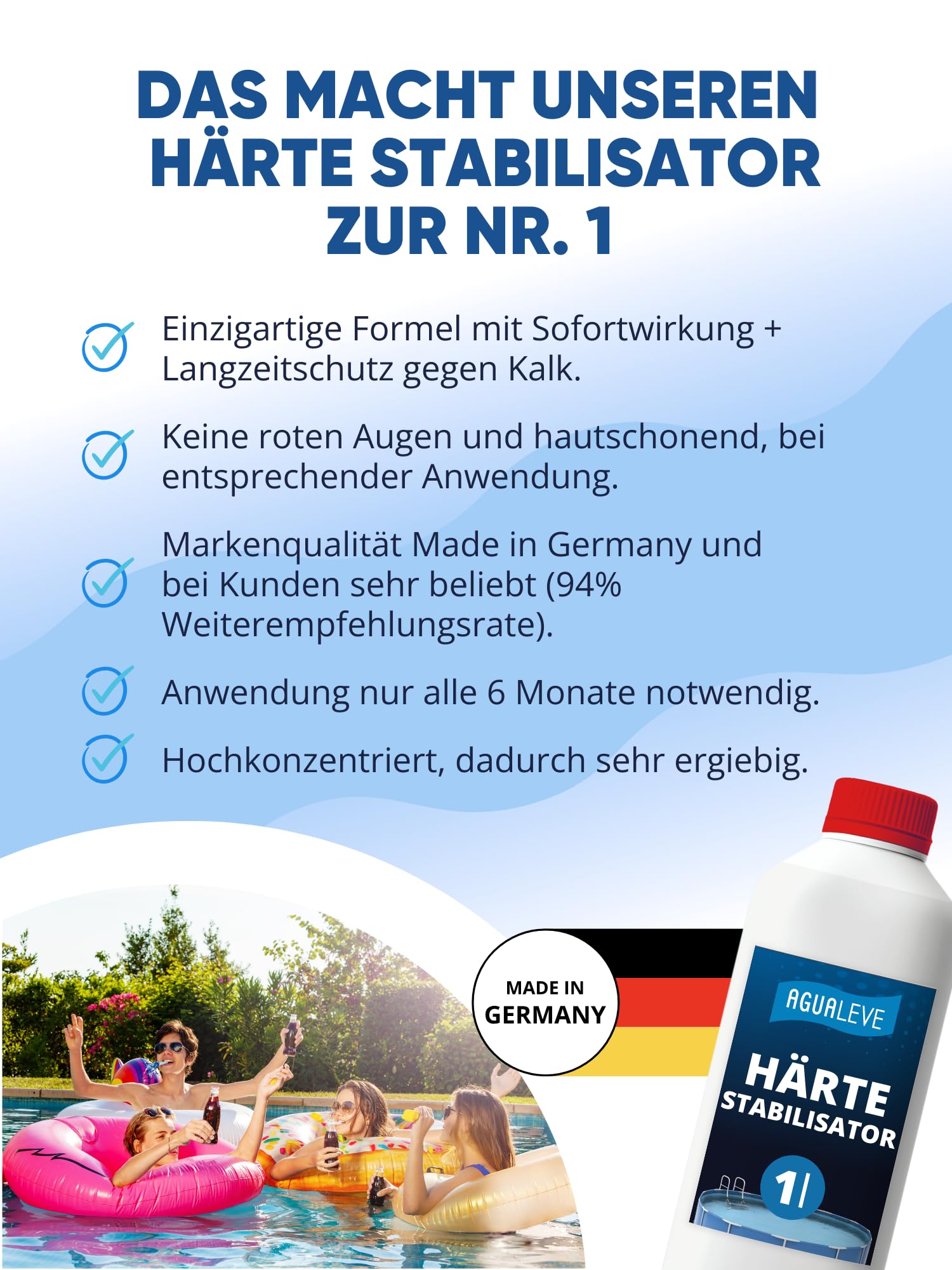 AGUALEVE® Härte Stabilisator 1 Ltr. | verhindert Kalkausfällungen – schützt dadurch Anlagen | für Pools, Aufstellpools, Whirlpools jeder Art und Größe | Markenqualität Made in Germany