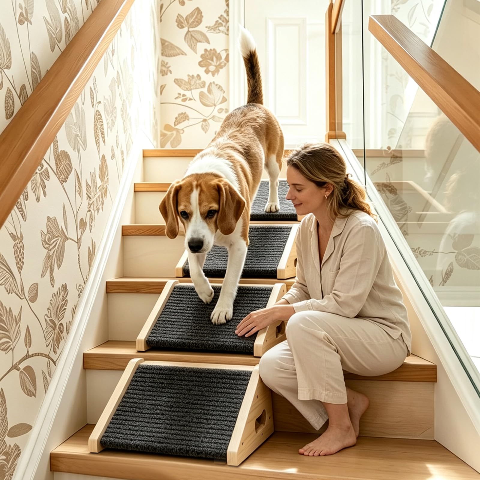 4er Hundetreppe für Kleine Hunde, Holz Hunderampe für Treppen 30 x 25 x 15 cm, rutschfeste Hunderampe mit Teppichoberfläche, Niedrigwinklige Haustierrampen, Stufen und Treppenhilfe