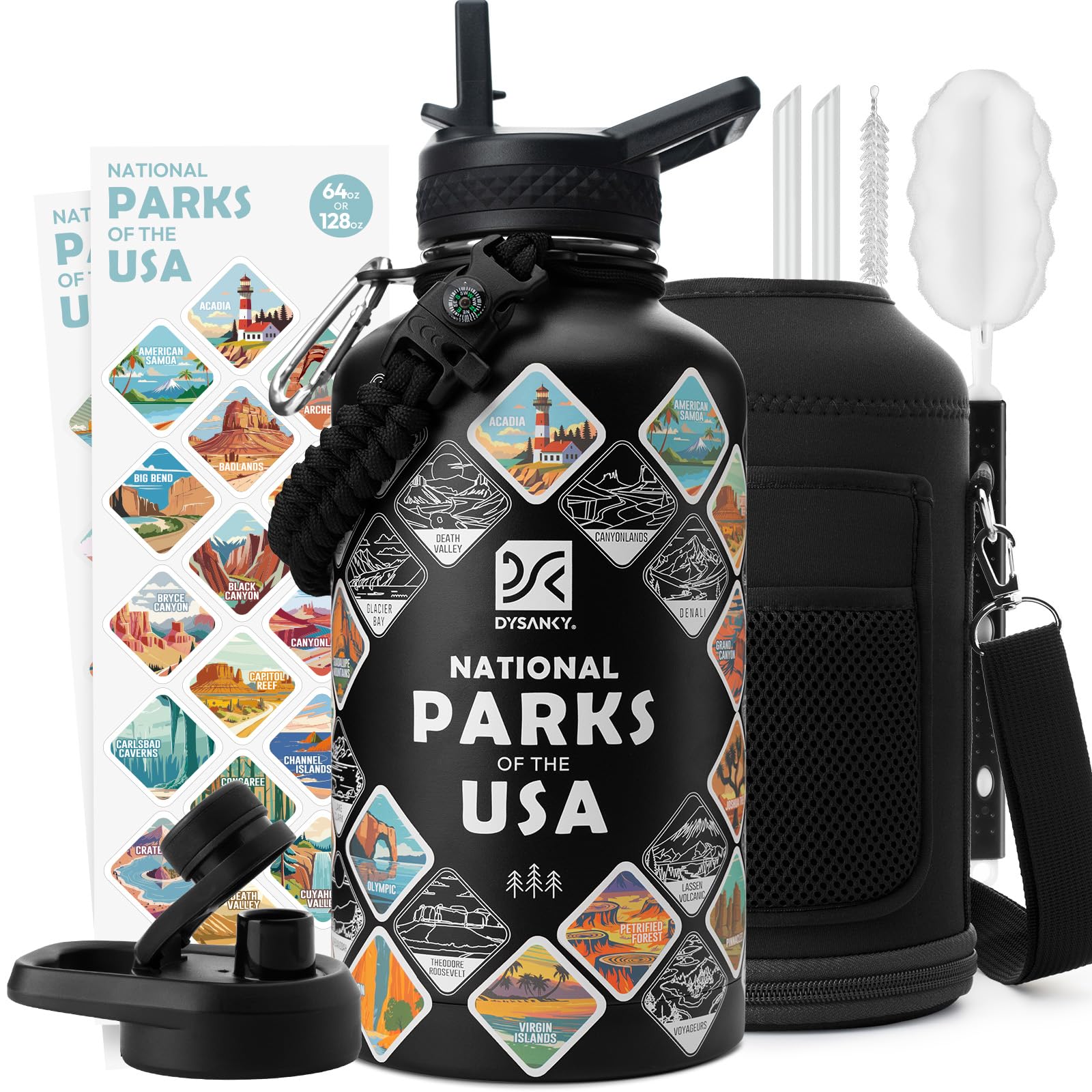 National Parks Water Bottle 64 oz Insulated Stainless Steel Bottle with 63 Hand-Drawn Park Stickers Carrier Bag Strap