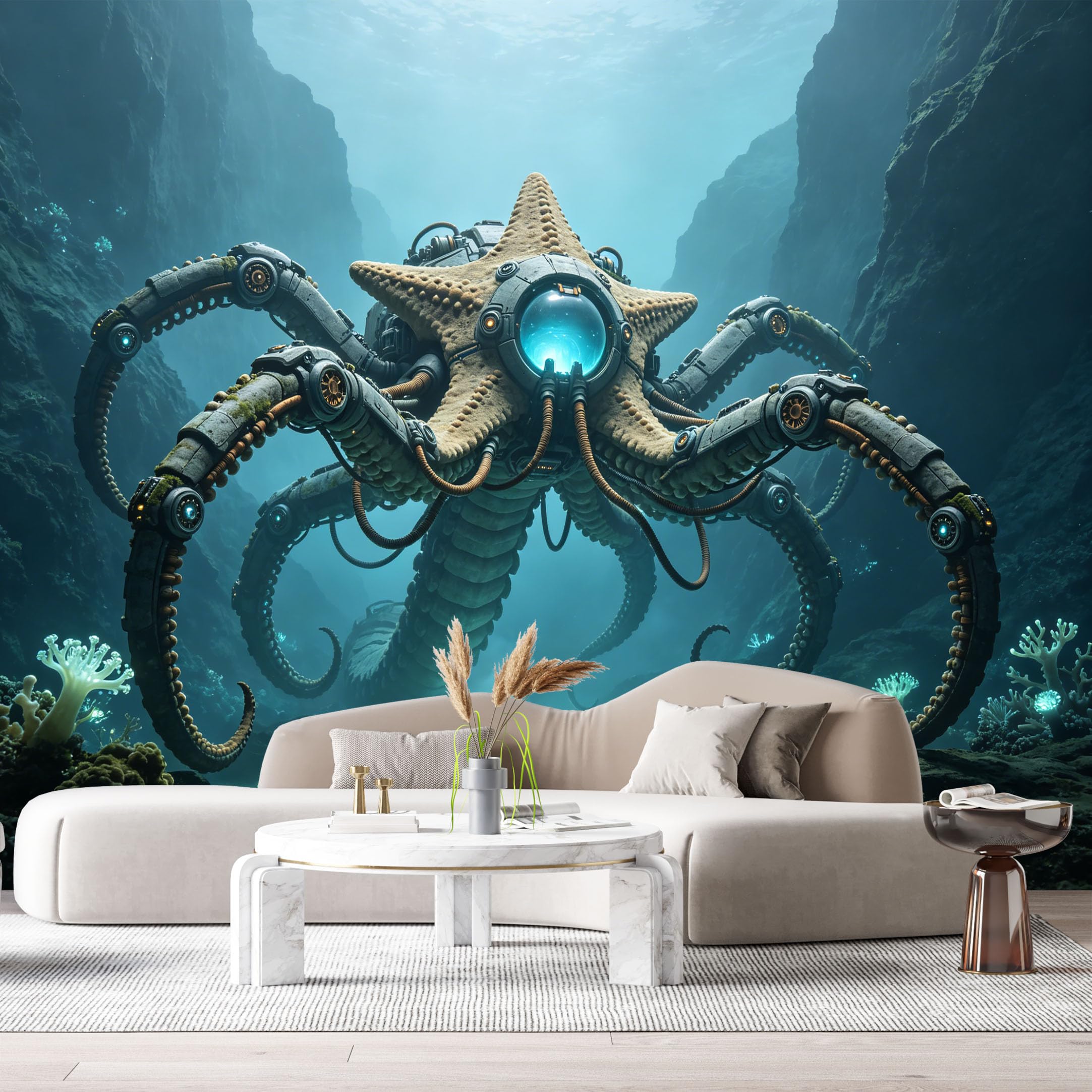 Custom Size Wall Mural Mechanical Octopus Deep Sea Mech SciFi Robot Underwater Steampunk Machinery SelfAdhesive Art Prints Removable Large Wallpaper Esports Room Game Room Tenant Room Studio