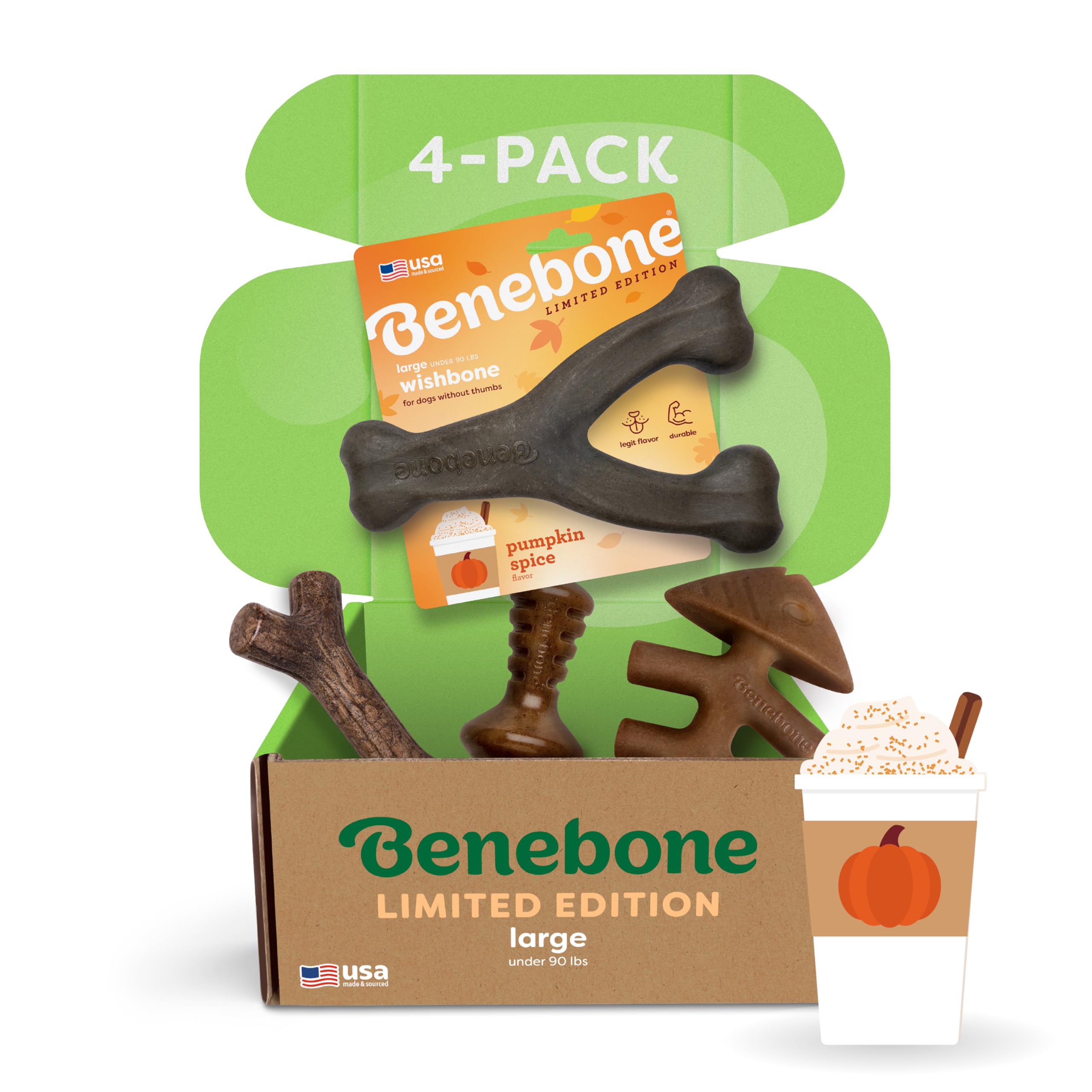 Benebone Limited Edition Large 4 Pack with Pumpkin Wishbone, Dog Chew Toys for Aggressive Chewers, Made in USA, 90 lbs and Under