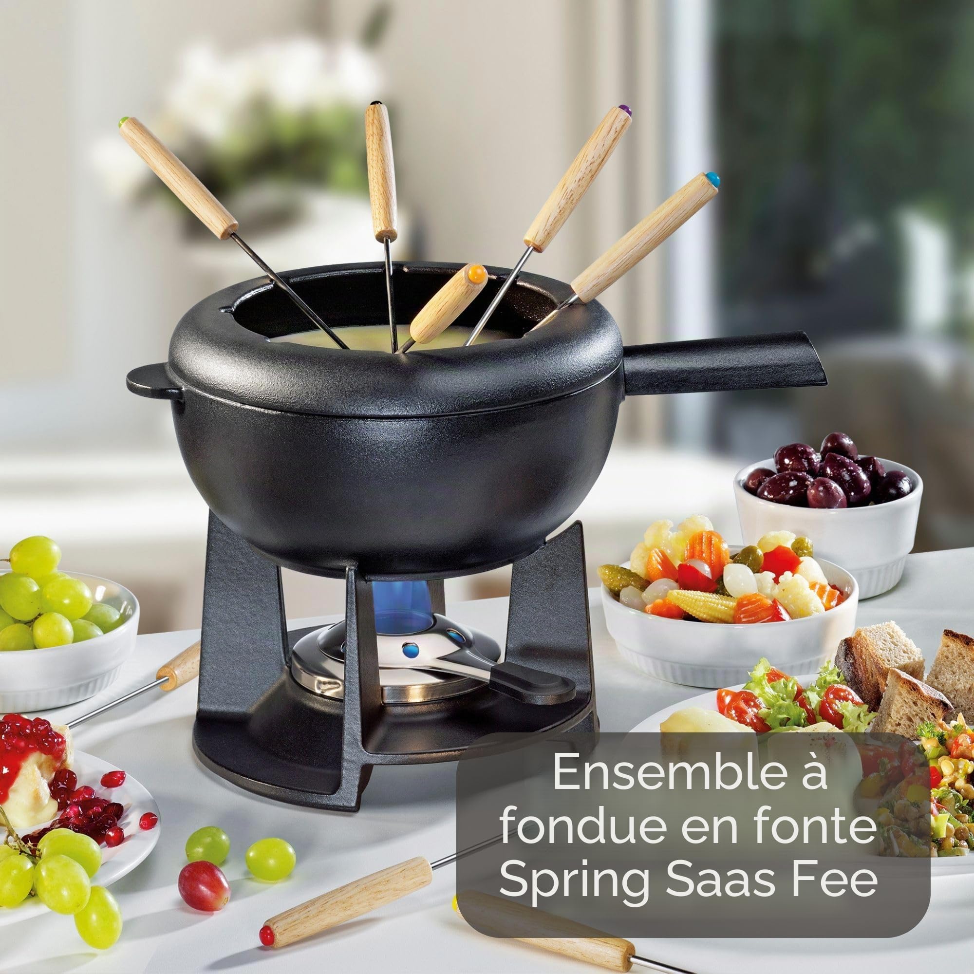 Spring SAAS-FEE Service à Fondue en Fonte avec 8 fourchettes à Fondue Noir Ø 20 cm, Fonte, Noir, 20 cm