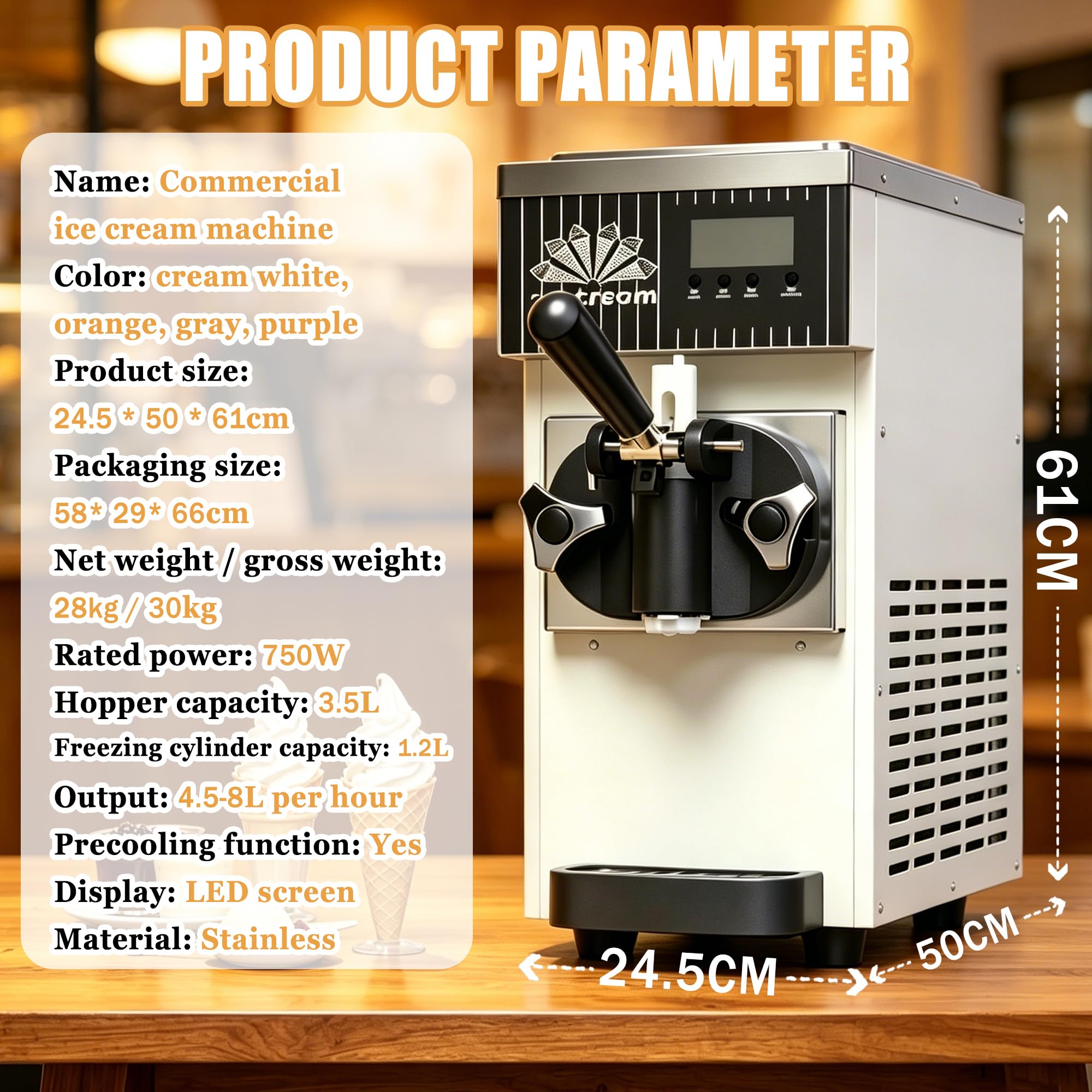 Máquina De Helados Profesional - Soft Serve - Heladera Soft Serve con Compresor Autorefrigerante, con Panel LCD, Limpieza Automática Y Cubeta De 1L, Producción 4-5 Kg/H