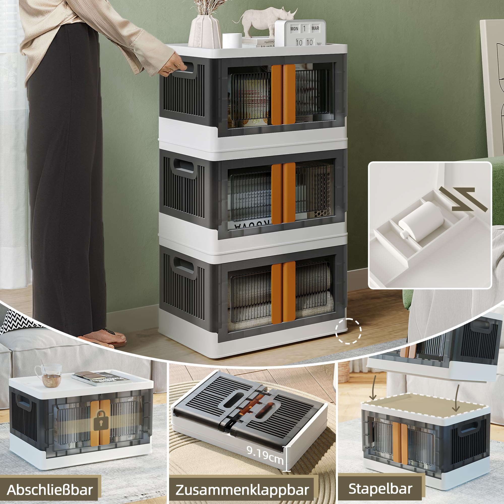 NETEL Aufbewahrungsbox mit Deckel groß, Stapelbare Aufbewahrungsboxen 94L 4 Stück, Dicker Hartplastik Box, Durchsichtig Stapelboxen mit deckel, Faltbare Aufbewahrungsbox mit Tür und Rollen，4 Deckel