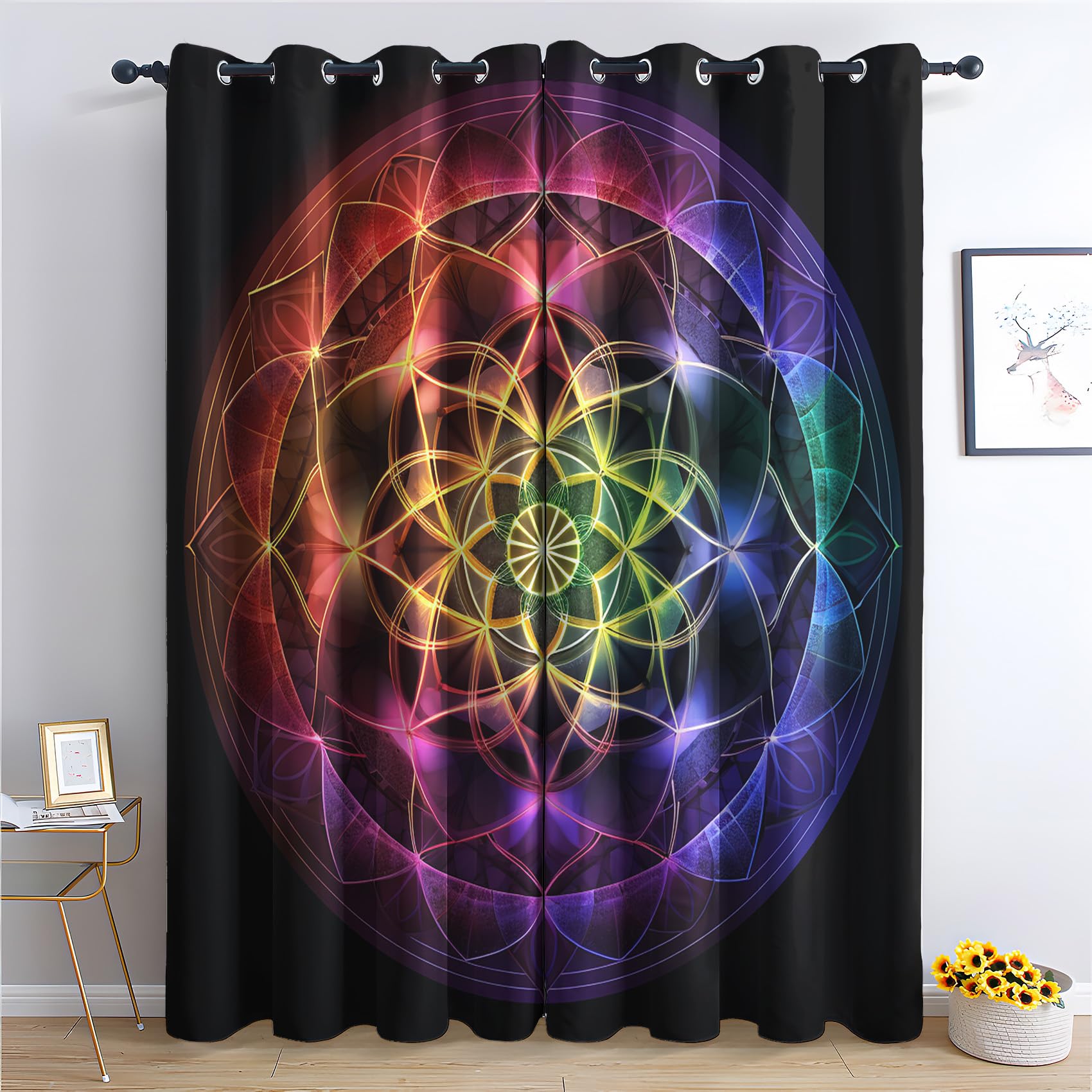QEODAH Chakra Blackout Curtains for Bedroom - Mandala Yoga Meditation Boho Indian Living Room Curtains 66x90 Eyelet - Soft Thermal Insulated Patterned Drapes for Windows - 2 Panels