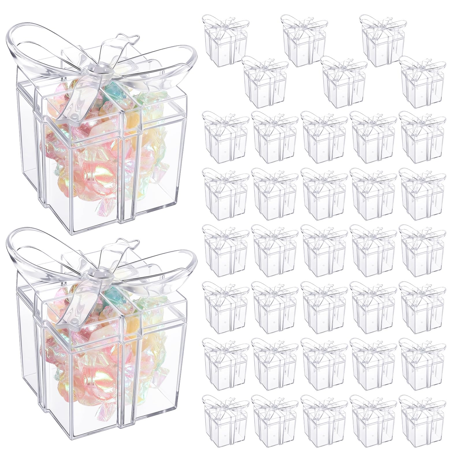 Potchen Transparente Geschenkboxen mit Schleife, 5,1 x 5,1 x 5,8 cm, transparente Geschenkboxen aus Kunststoff, kleine Süßigkeitenbehälter für Hochzeit, Weihnachten, Babyparty, Geburtstag, Party