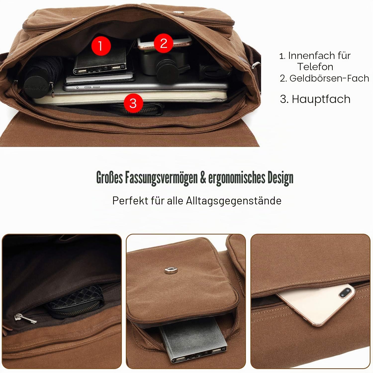 FANDARE Vintage Umhängetasche Segeltuch Schultertasche Erweiterbar Crossbody Bag Herren Damen Reise Business Messenger Bag passen 10.9 inch Tablet Canvas Tasche