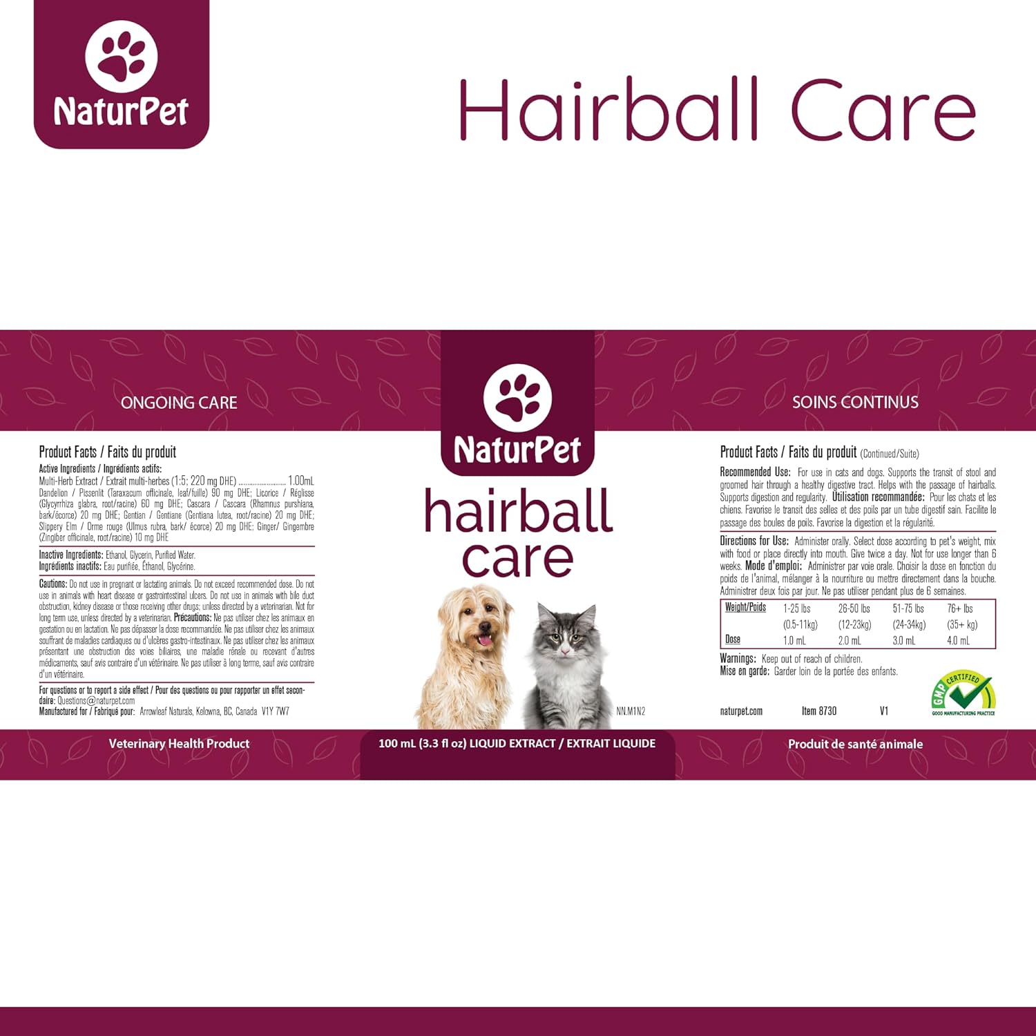 NaturPet Hairball Care | Natural Herbal Drops to Support Digestion, Hairballs, Gas, Bloating | Cats& Dogs | 100mL