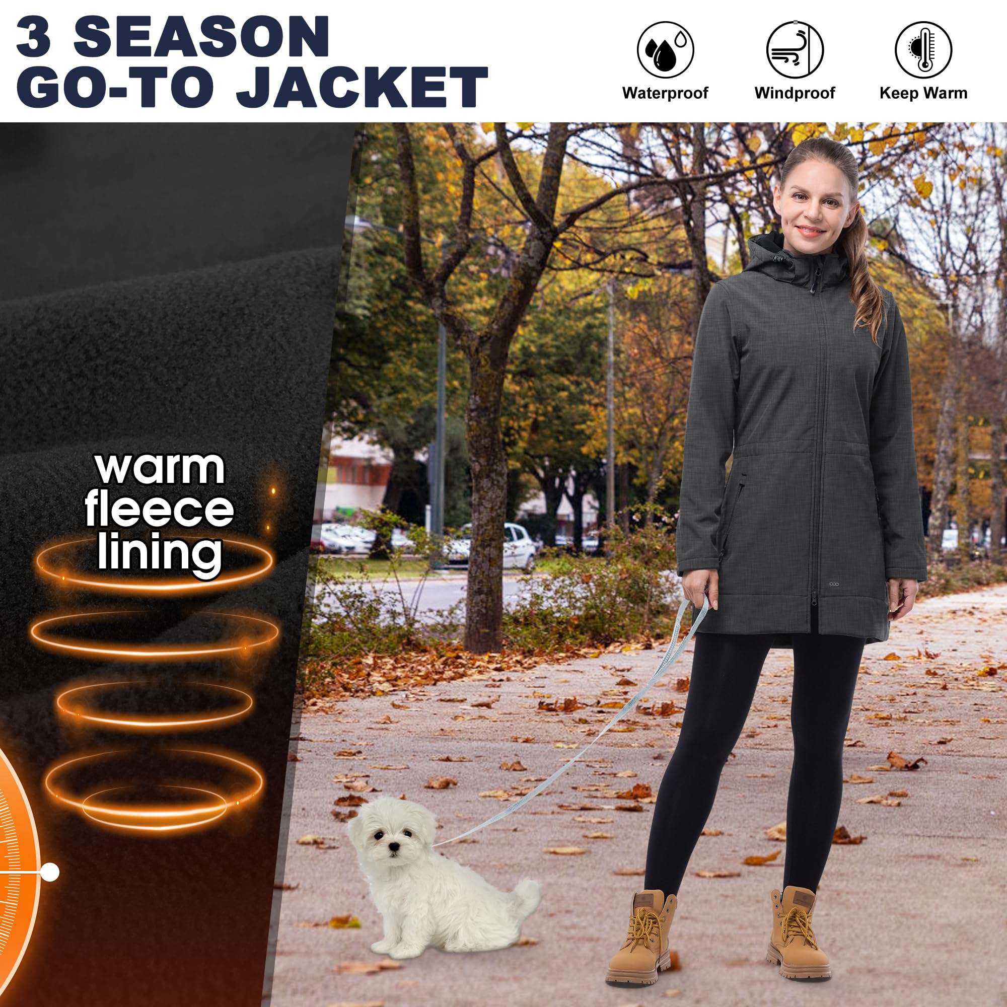 Giacca lunga da donna in softshell, con cappuccio, foderata in pile, antivento, impermeabile
