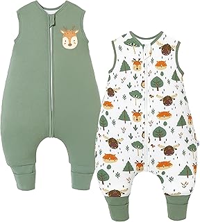 Chilsuessy 2er Pack Baby Schlafsack mit Füßen 2.5 Tog Winter Schlafsack Babyschlafsack mit Beinen Schlafstrampler für Jungen Mädchen, 2.5 Tog/Grün + Wald Tiere, 70cm/Baby Höhe 80-90cm