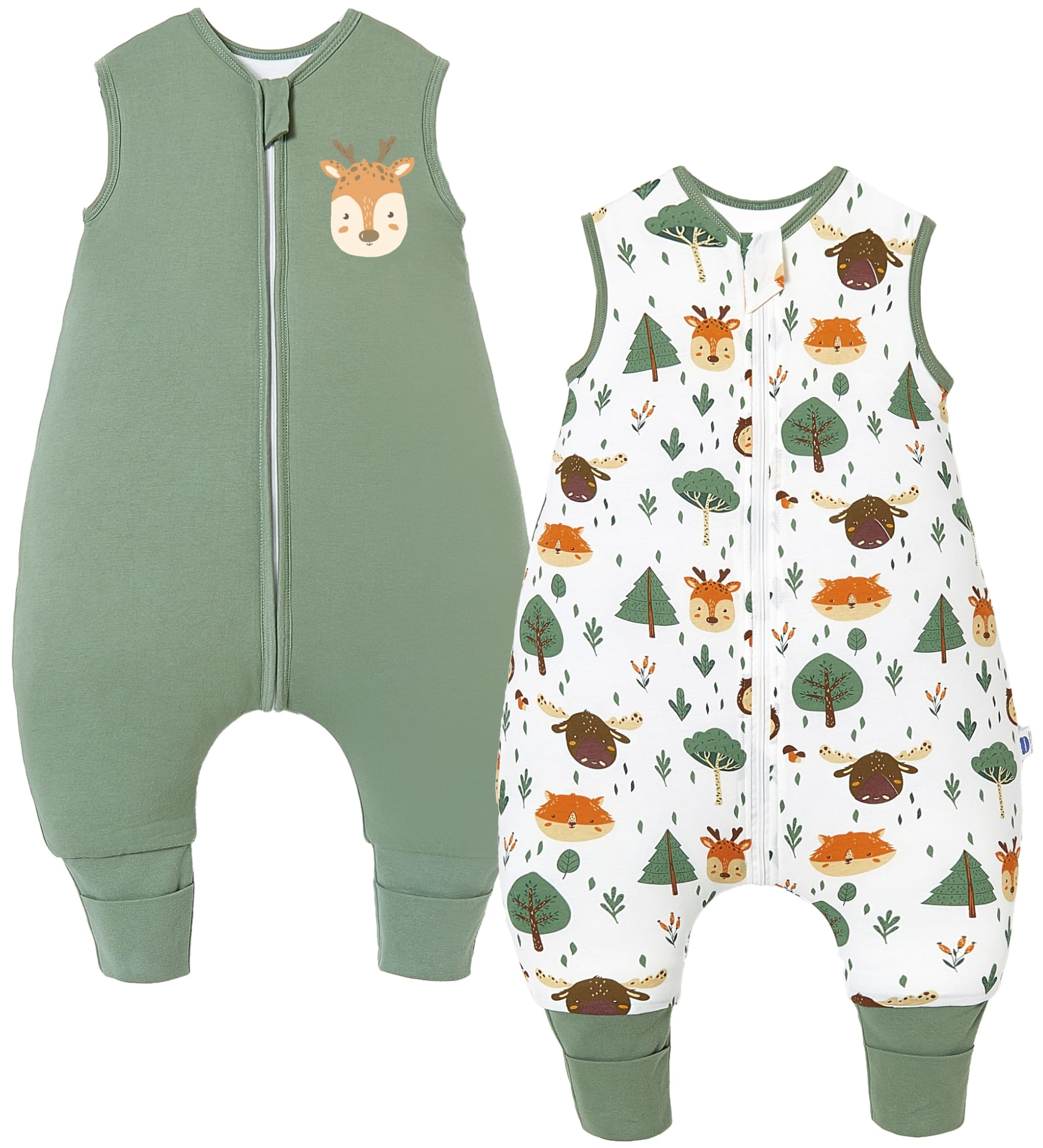 Chilsuessy 2pcs Baby Sleeping Bag with Feet Winter 2.5 TOG Baby Sleep Sack with Legs Toddler Wearable Blanket Walker Sleep Sack for Boys Girls 2.5 Tog/Green + Forest Animals