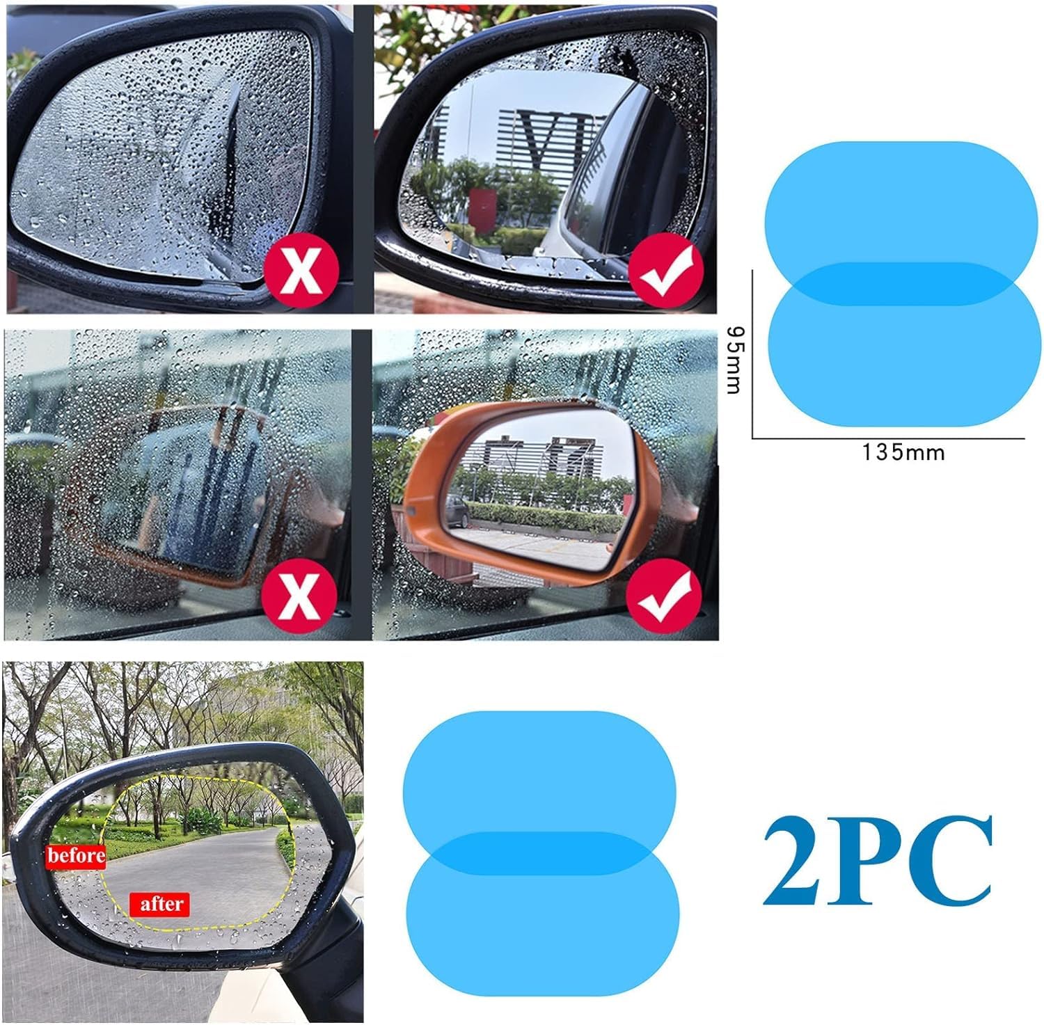 2Pcs Blue Car Rearview Mirror Waterproof Film,Protective Film for Car Rearview Mirror and Side Window FinishingAnti Fog Glare Cars Rear View Mirrors HD Nano Clear Safe Driving Sticker(5.31×3.74 inch)