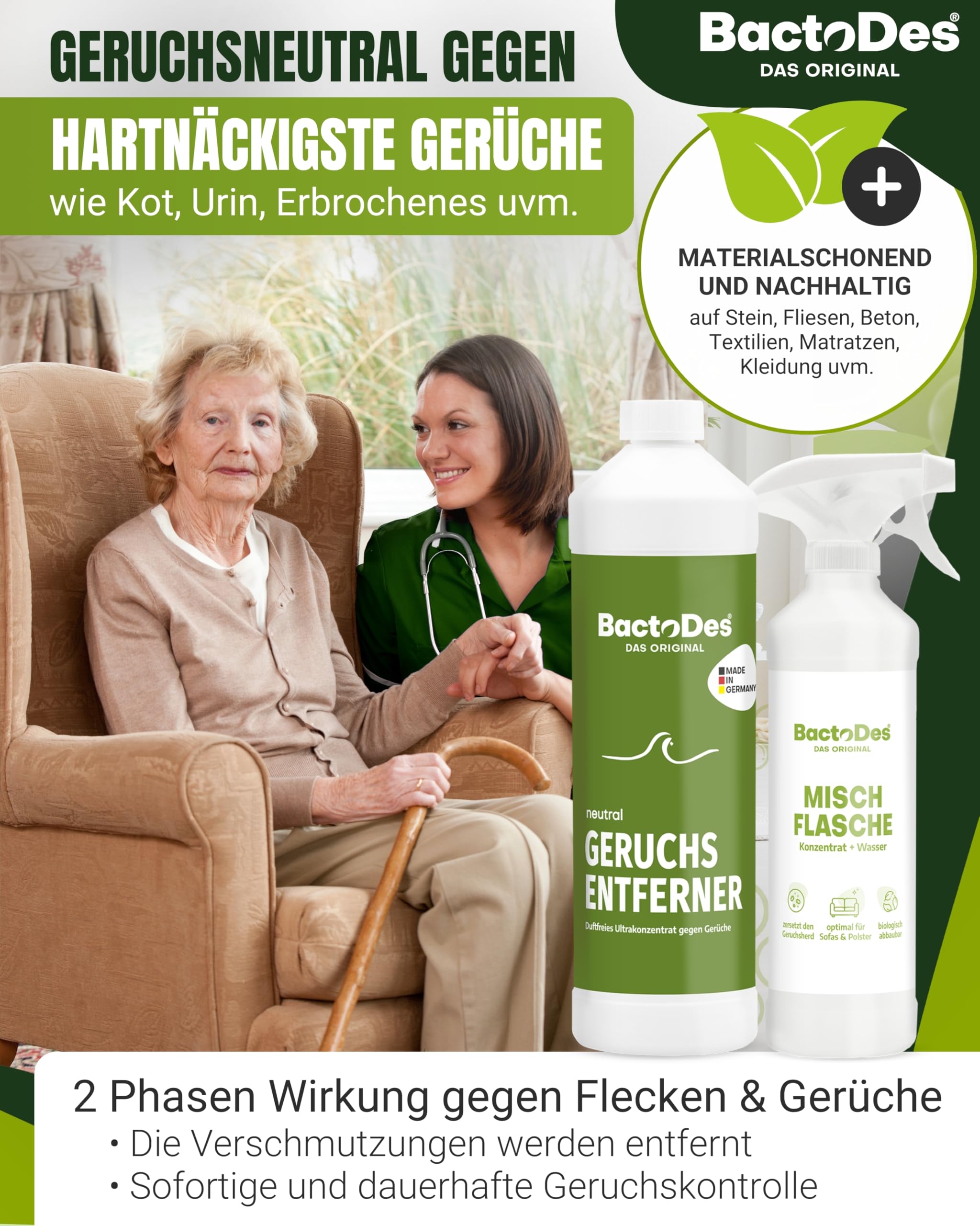 BactoDes - Neutral geruchsloser&probiotischer Allzweckreiniger 12x1L Konzentrat mit Sprayflasche - Spezial Geruchsneutralisierer mit Bio Mikroben-Wirkung - Effektiver Enzymreiniger & Geruchsentferner
