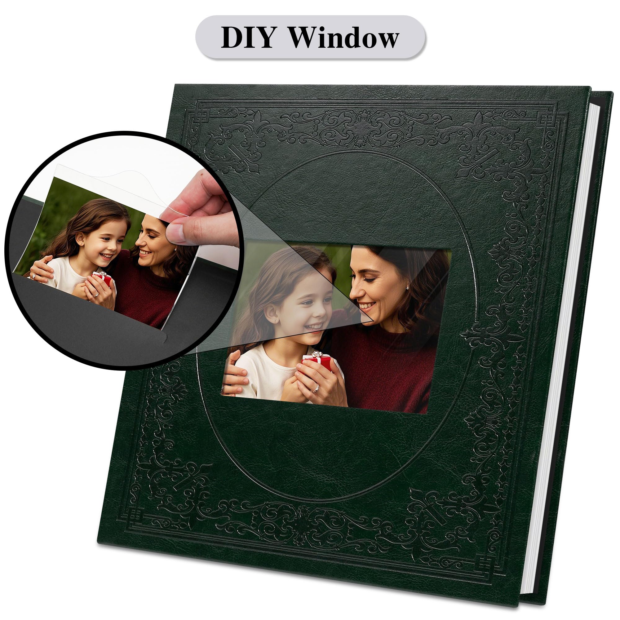 Vienrose Großes Selbstklebendes Fotoalbum mit Fenster – Dunkelgrün – Fotobuch zum Selbstgestalten – 30 Blätter (60 Seiten) für 10x15 13x18 20x25 Bilder – Scrapbook Album Baby Hochzeit DIY