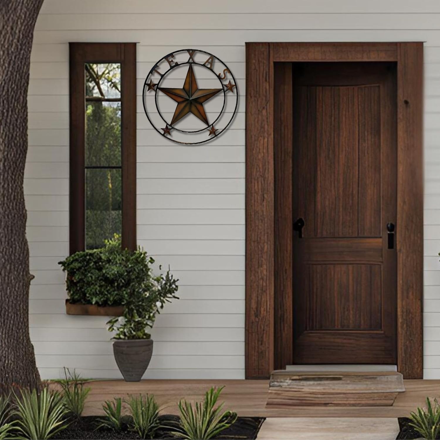 BestGiftEver 2-Tone Metal Star Outdoor 24 in.Circle with Texas on top Wall Hanging Decor - Rustic Texas Metal Wall Decor for Outside - Large Vintage Star Western Charm Barn Farmhouse Theme Decor