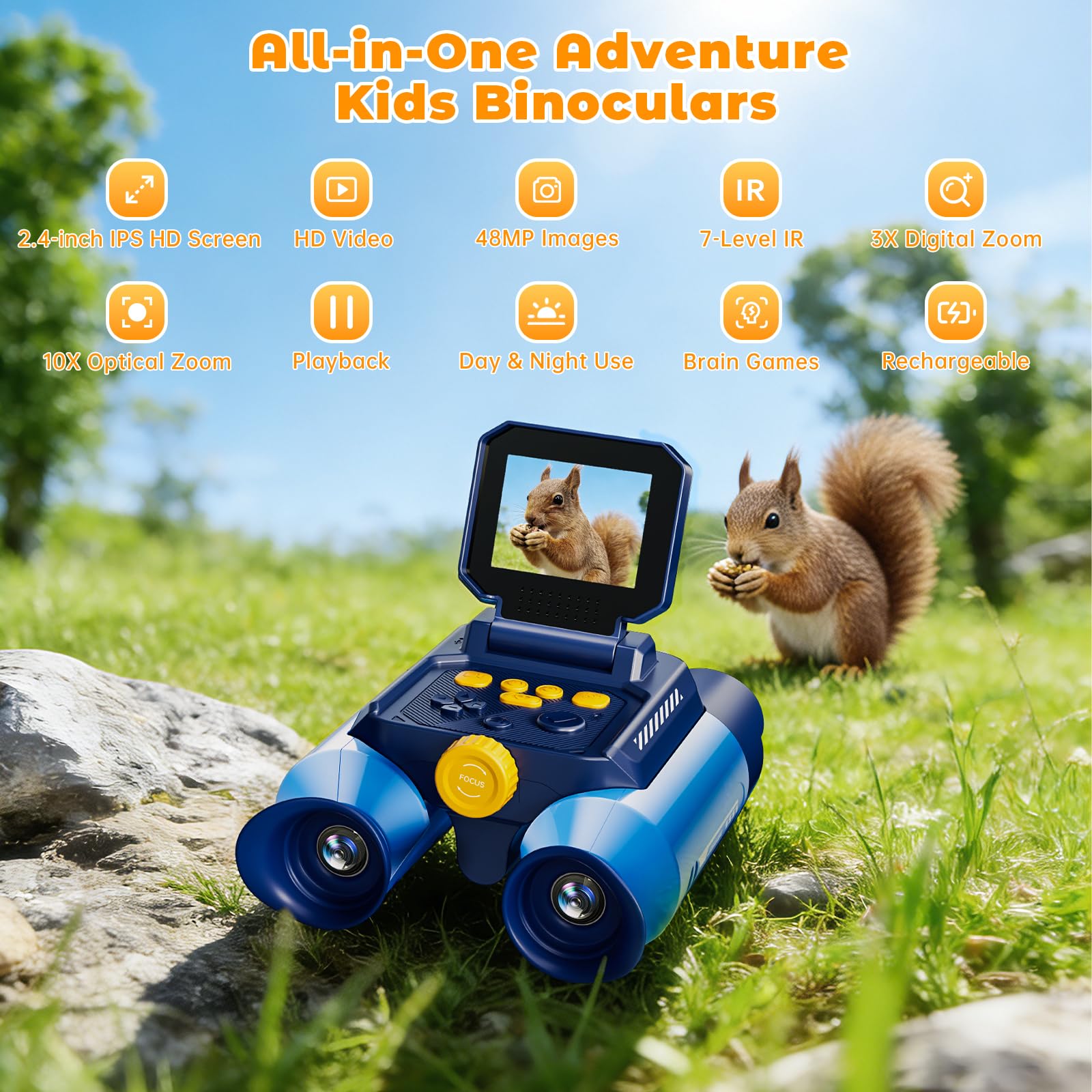 Fernglas für Kinder mit Nachtsicht, Naturforschungsspielzeug mit 6,1 cm IPS-Display, 10-facher optischer Zoom, 48 MP FHD-Digitalkamera, STEM-Spielzeug für Jungen und Mädchen