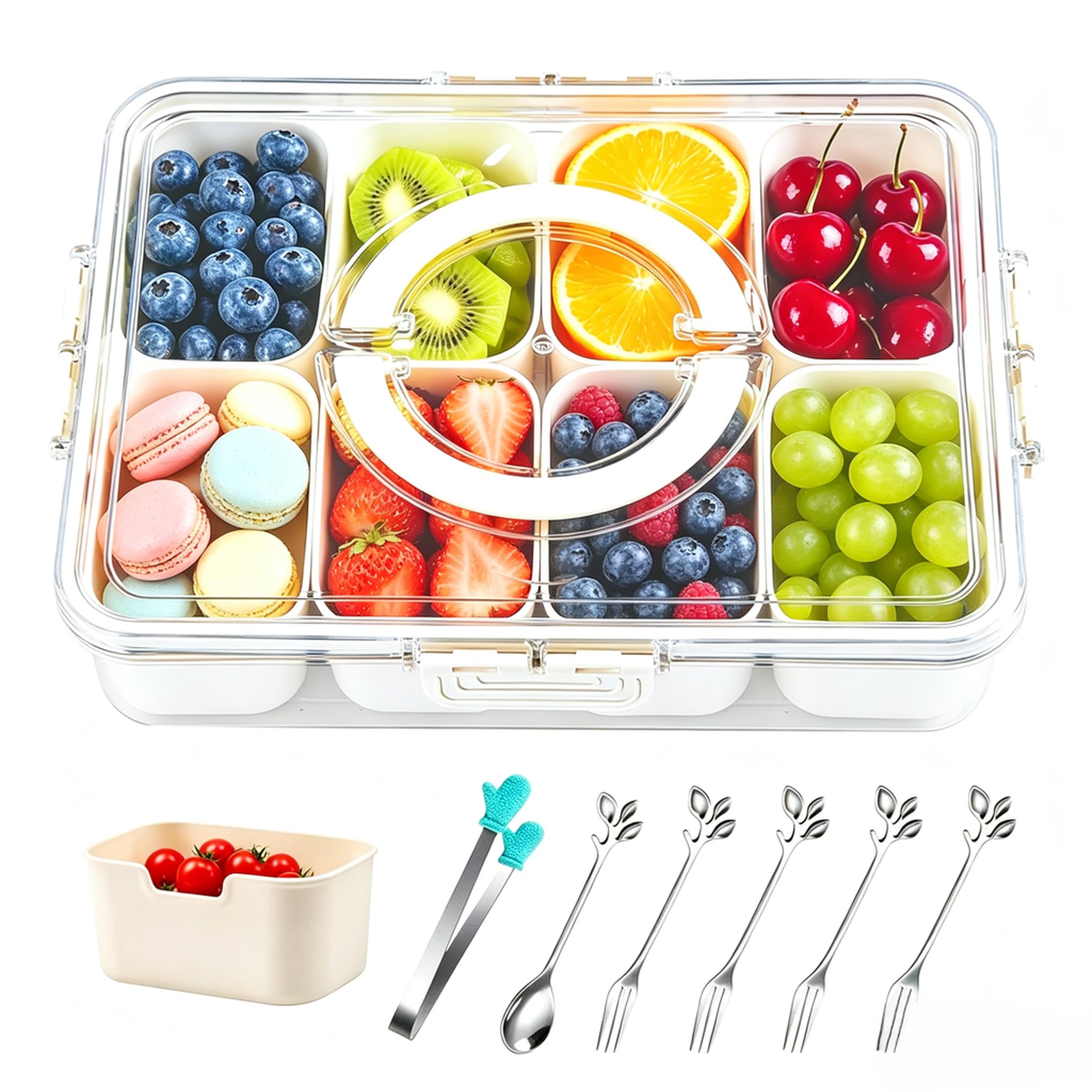 Snackbox mit 8 Fächern, Snackschale mit Deckel und Griff, Snackteller aus PP Spülmaschinenfest, Tragbar Snacktablett Organizer mit Gabeln, Klammern, für Süßigkeiten Obst Keksen Dessert Gemüse Nüsse