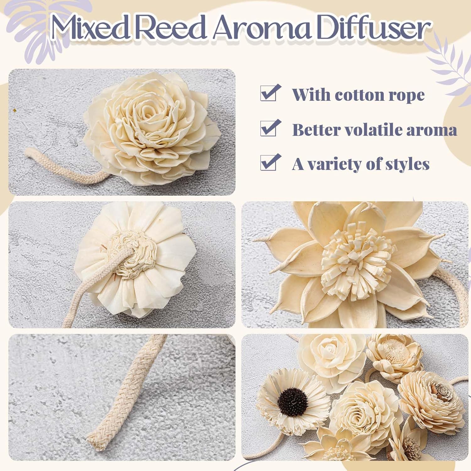 Waydress 15 Pcs Diffuser Mixed Sola Flowers Natural Material Aromatherapy Reed Wood Flowers Decorative Aromatherapy Flower Placement Refill Wood Flower Diffuser with Rope(3.15-3.35 Inches,Fresh)