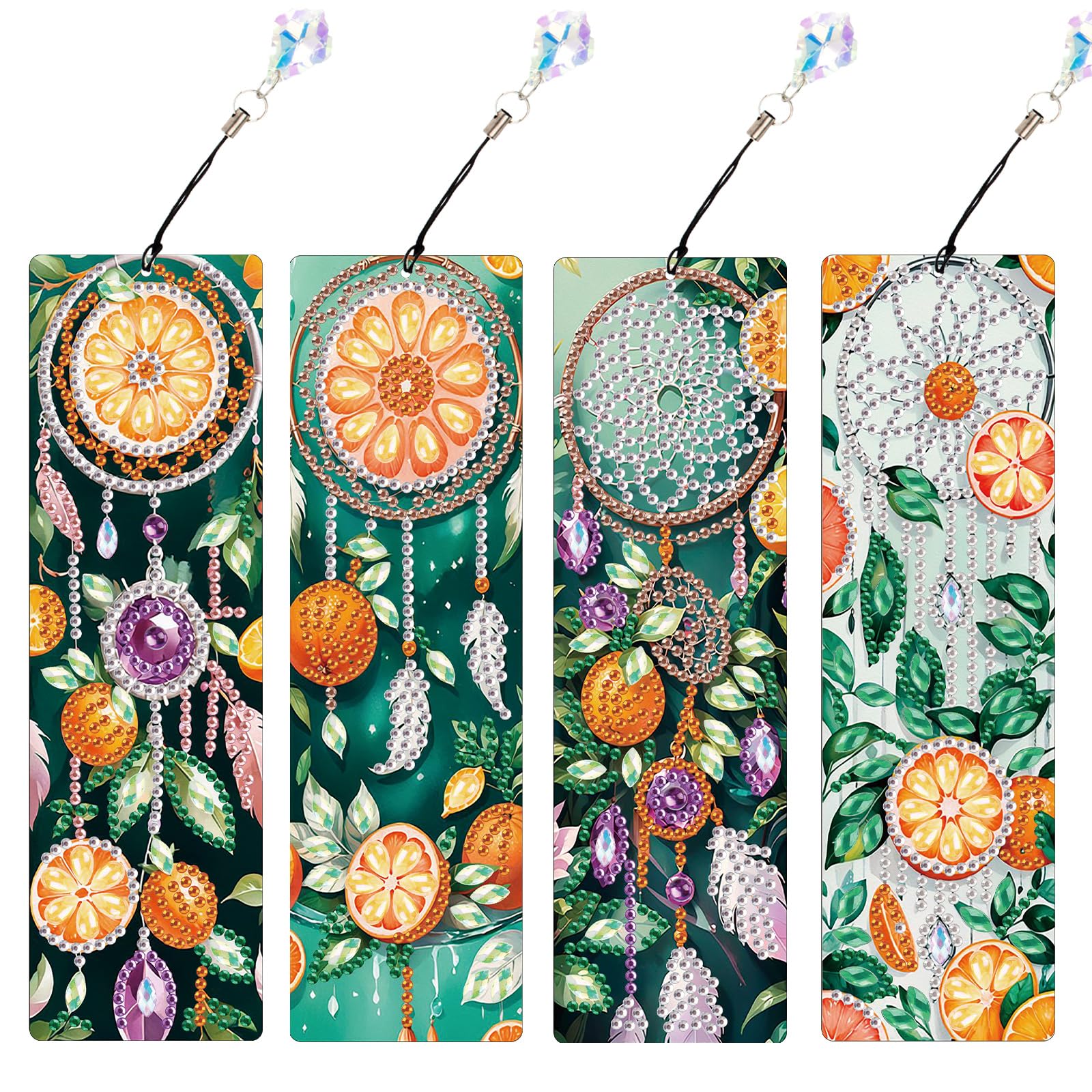 4 Pcs Diamond Painting Bookmarks, DIY Orange and Dreamcatcher Diamond Art Bookmark Kits for Adults, Rhinestone Drill Fruit Bookmarks with Tassels for Beginners