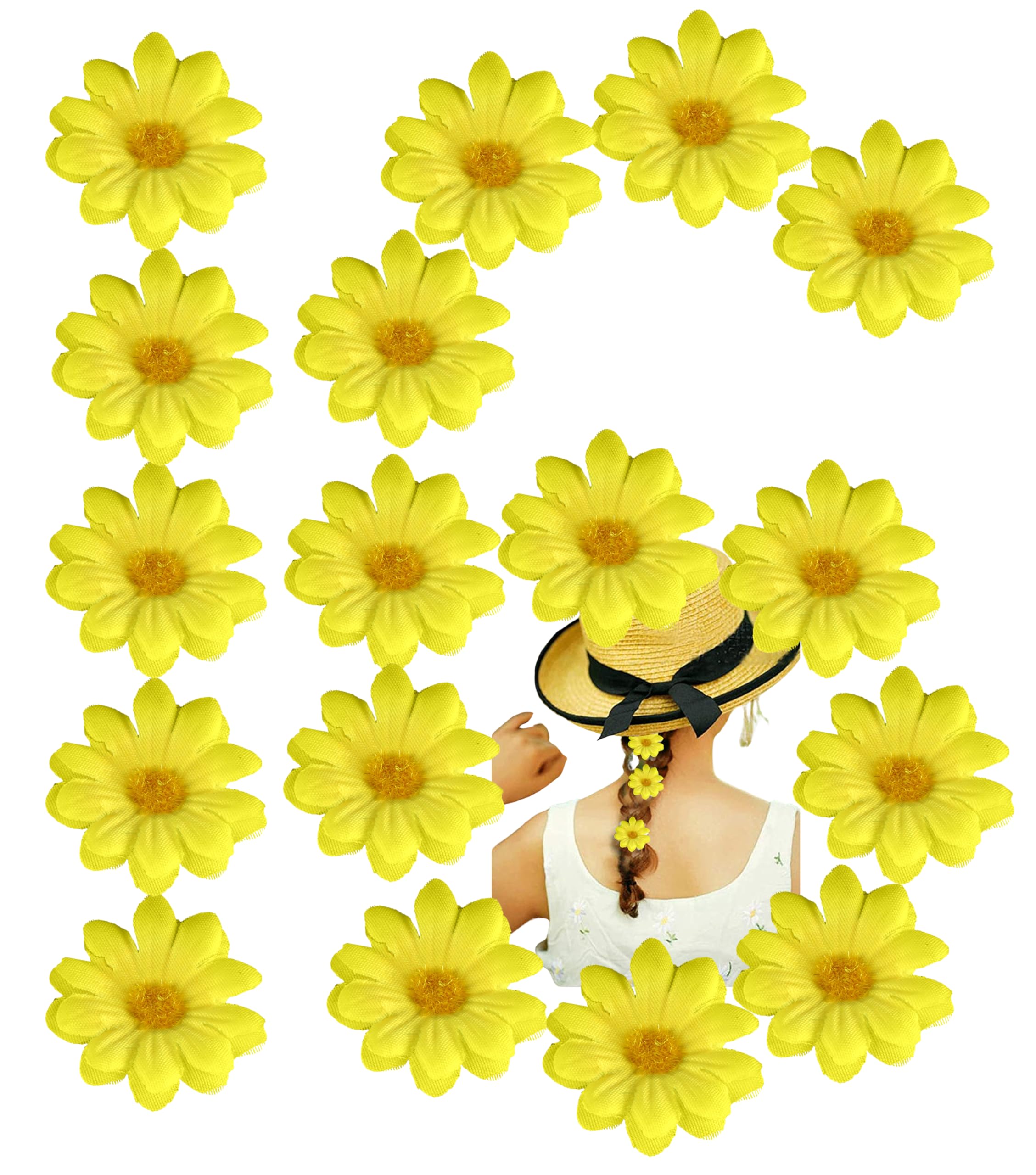 Hovuk 16X- Yellow Flowers 16X- Yellow Easter Daisy Flowers Artificial, 4.7Cm Spring Day Fabric Dasies, Cute Craft Supplies Fake Flowers For Bonnet, Wreath, Home And Party Decorations