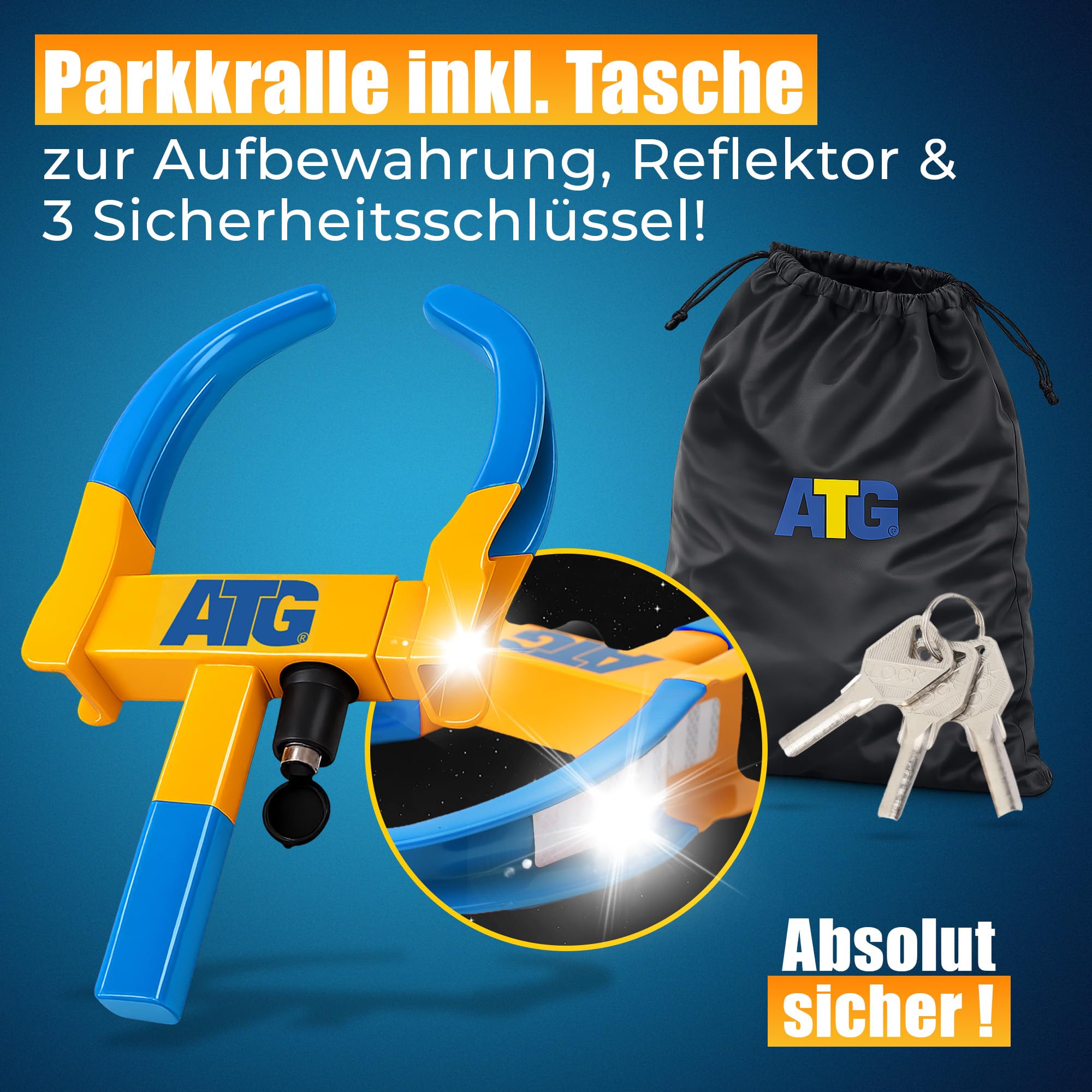 ATG Parkkralle Radkralle für Auto & Anhänger – Universelle Reifenkralle als Wegfahrsperre Auto – Diebstahlsicherung Anhänger für PKW, Wohnwagen, Wohnmobil & Motorrad – Reifenbreite 18–28 cm