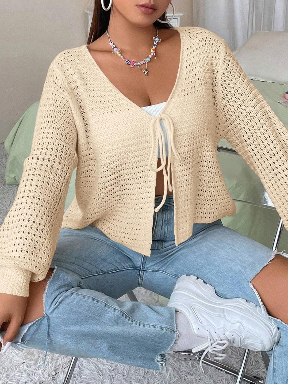 Women's Plus Size Cardigan Hollow Out Open Knit Sweater Ladies Front Tie Shrug, L-4XL - Image 3