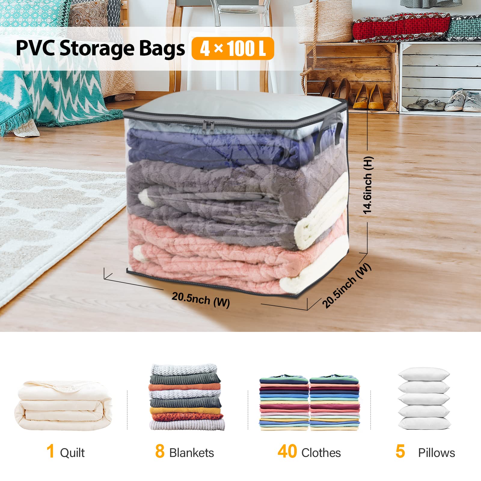 Fixwal 100l Extra Large Blanket Storage Bags with Zipper, Plastic Clear ...