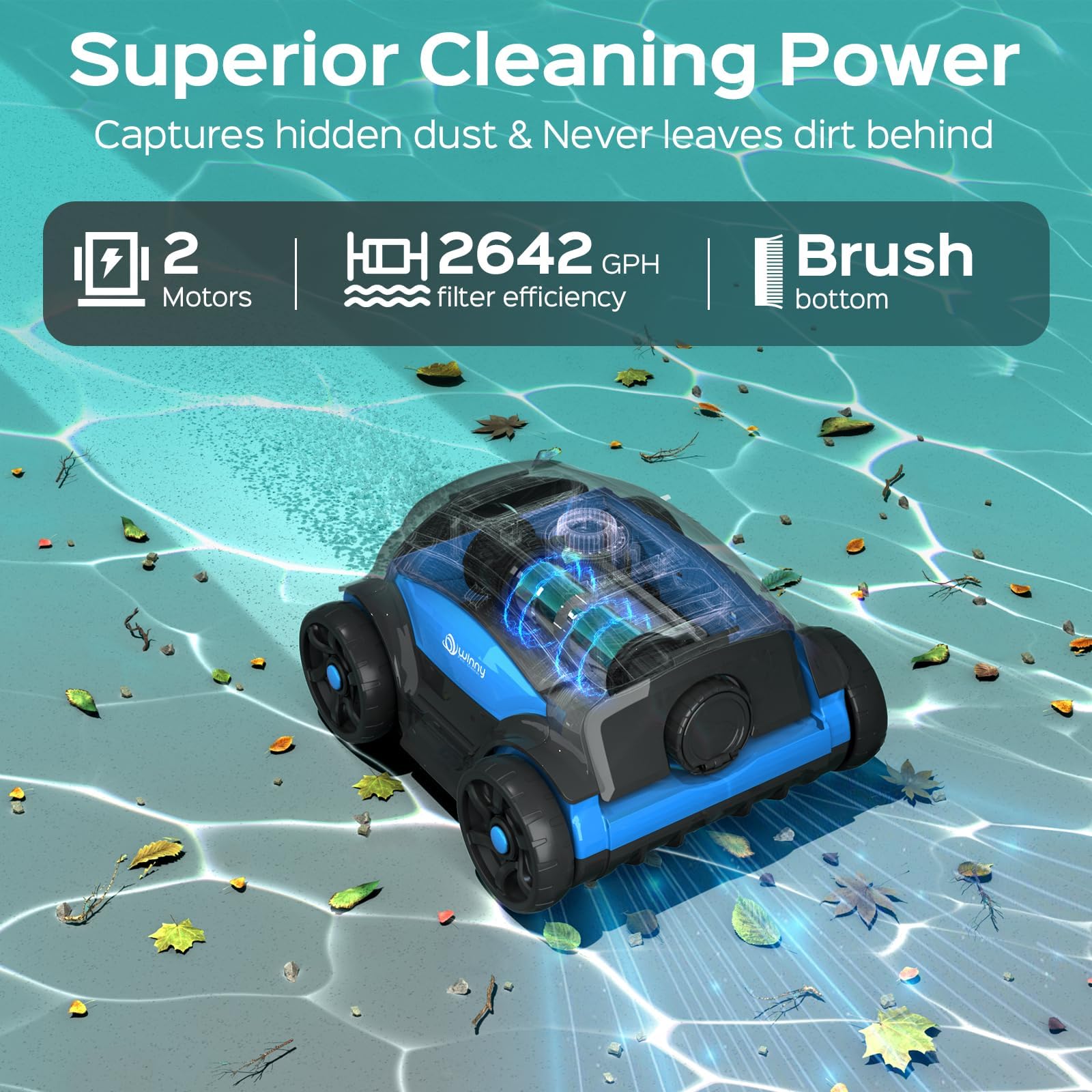 WINNY POOL CLEANER WY1103 Robot Piscina, Piscina Senza Fili con Batteria, 120 Min Autonomia, Doppio Motore, Display LED, Filtro 180μm, Parcheggio Automatico per Piscine Fino a 120m² (Nero-Blu B)
