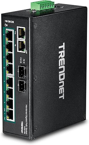 TRENDnet Conmutador industrial Gigabit PoE+ de 10 puertos, 8 puertos Gigabit PoE+, Montaje en carril DIN, 2 ranuras SFP, Presupuesto de alimentación