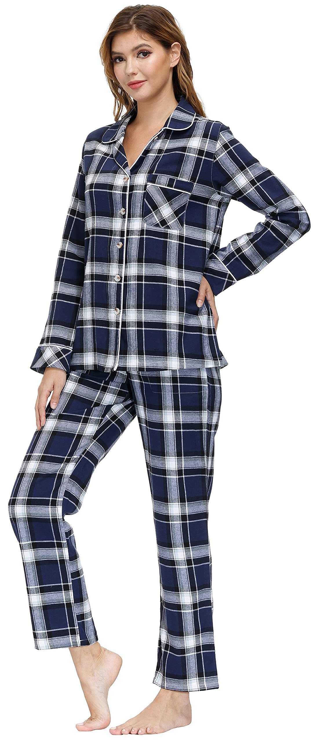MoFiz Pyjama Femme Coton Ensemble de Pyjama Carreaux Vêtements de Nuit Boutonné à Manches Longues Pantalon avec Poches