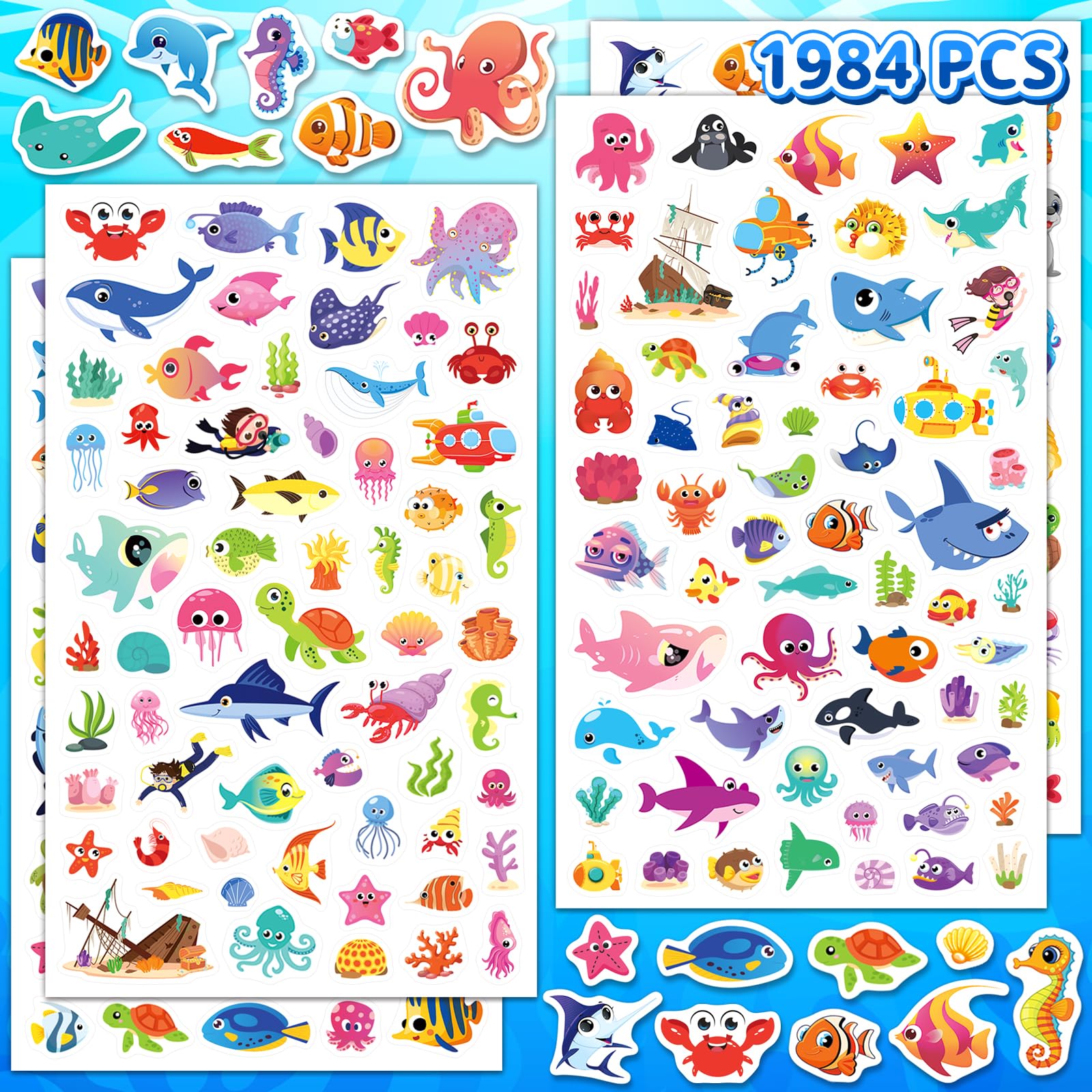 Yqskt 1984 PCS Ocean Stickers for Kids, 32 Sheets Sea Animal Stickers Bulk Waterproof Under The Sea Creature Stickers for Water Bottle Scrapbook Ocean