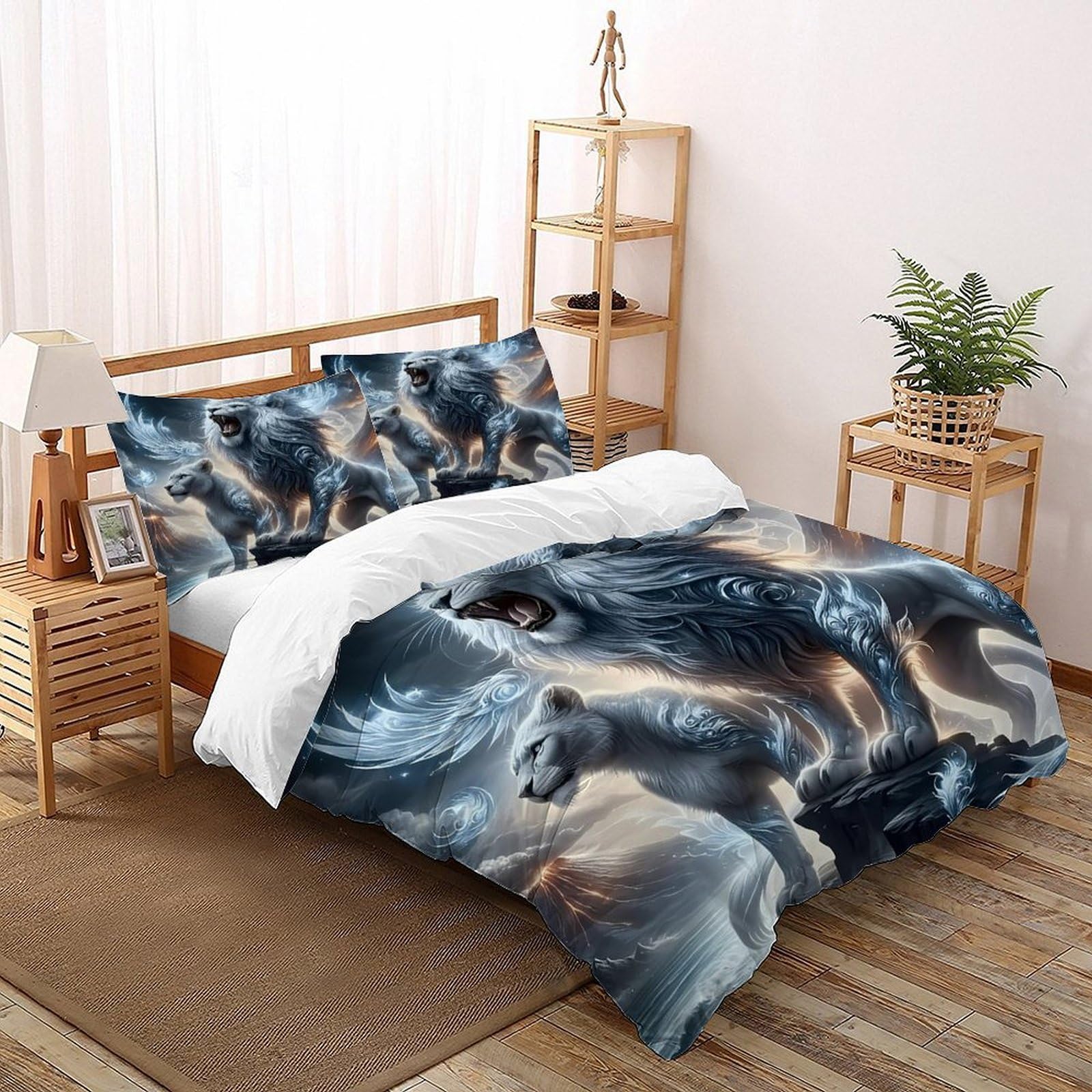 Housse de couette lion et volcan parure de lit super king 260x220cm sauvage