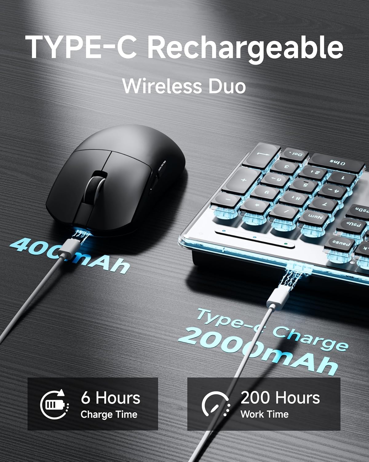SEUNKWANG EWEADN X7S Wireless Keyboard and Mouse with Pudding Keycaps, Metal Panel, 2.4G Rechargeable Computer Keyboard and Mouse Combo Quiet Light Up Full Size Cordless Keyboards-Black