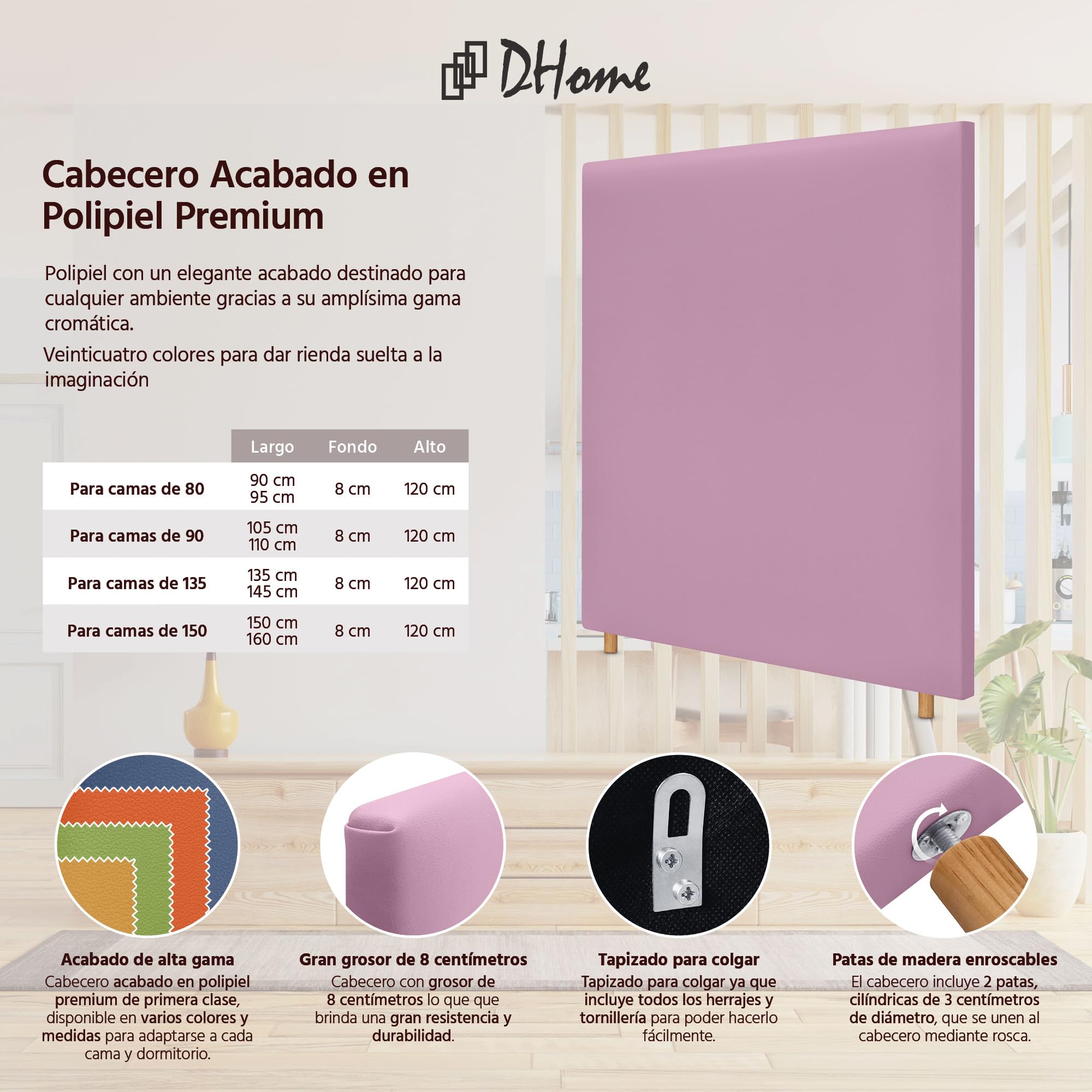 DHOME Cabecero de Polipiel Liso hasta el Suelo con 8cm de Grosor Cabezal Tapizado Cama Dormitorio Moderno Top Trending (Rosa, 90cm)