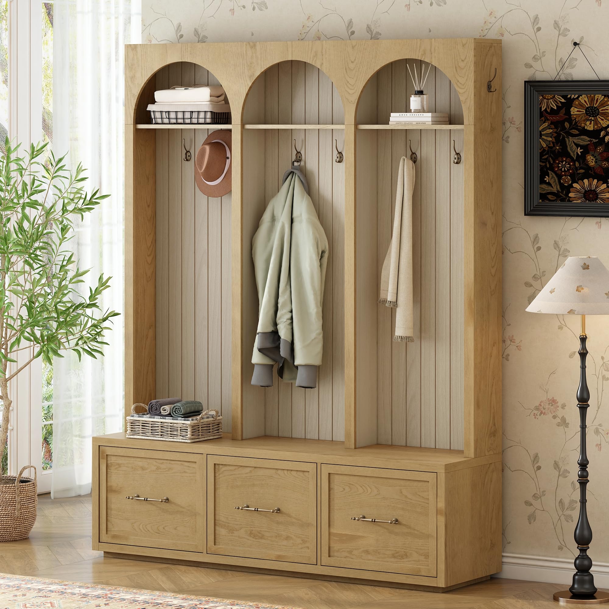 Photo 1 of ***PARTIAL SET BOX 1/2***
Merax Farmhouse Wood Hall Tree with Shoe Bench and 3 Drawers, 4-in-1 Coat Rack with 8 Hooks for Entrance, Hallway, Mudroom Natural
