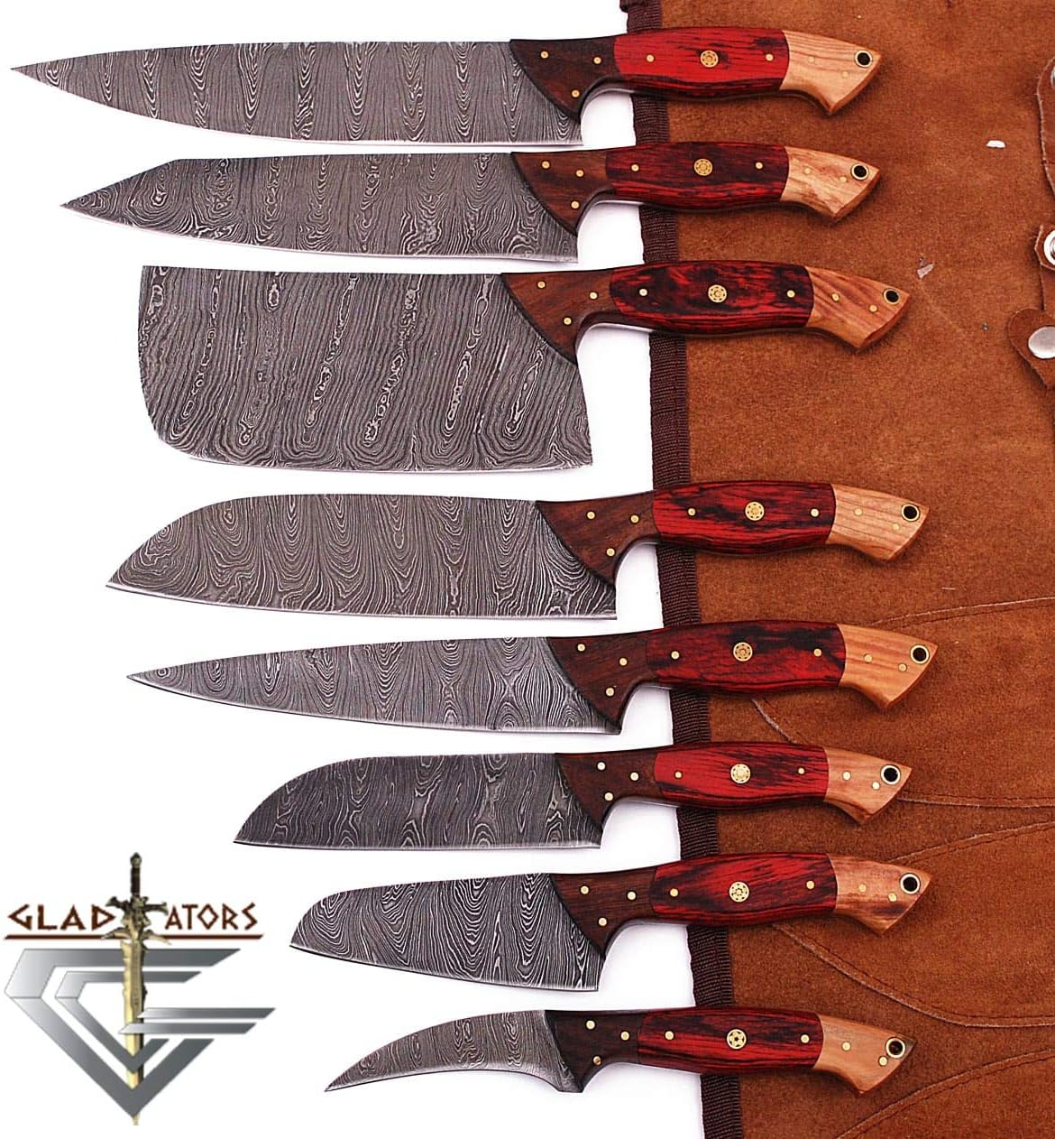 GladiatorsGuild G29RD- Professional Kitchen Knives Custom Made Damascus Steel Utility Chef Knife Set of 8 Chopper/Cleaver Pocket Case Roll Bag (Red)