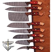 G29RD- Professional Kitchen Knives Custom Made Damascus Steel 8 pcs of Utility Chef Knife Set with Chopper/Cleaver Pocket Case Roll Bag (Red)