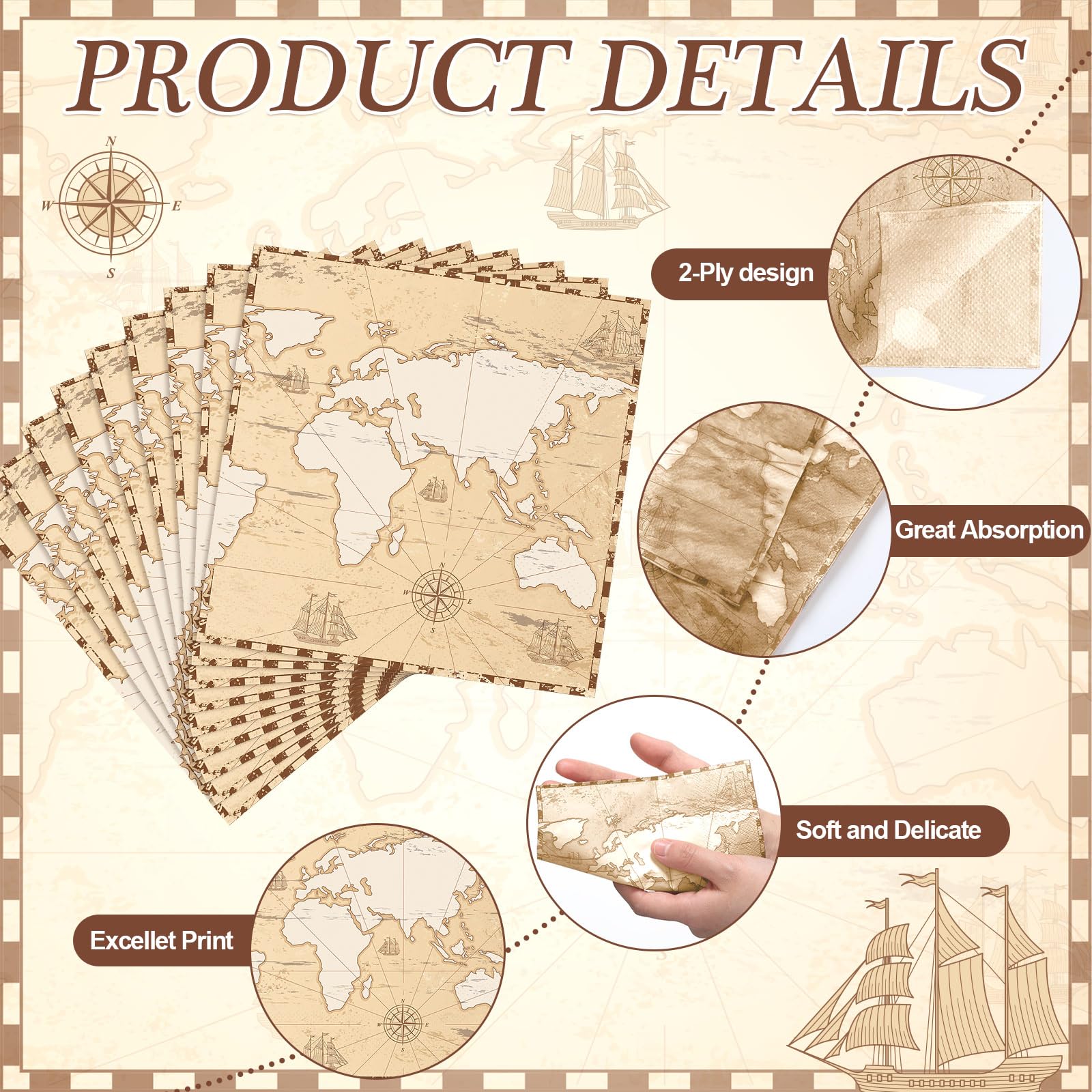 60 servilletas de papel vintage con mapa del mundo, desechables, para decoupage, cumpleaños, boda, despedida de soltera, viajes, fiesta temática (6.5 x 6.5 pulgadas)