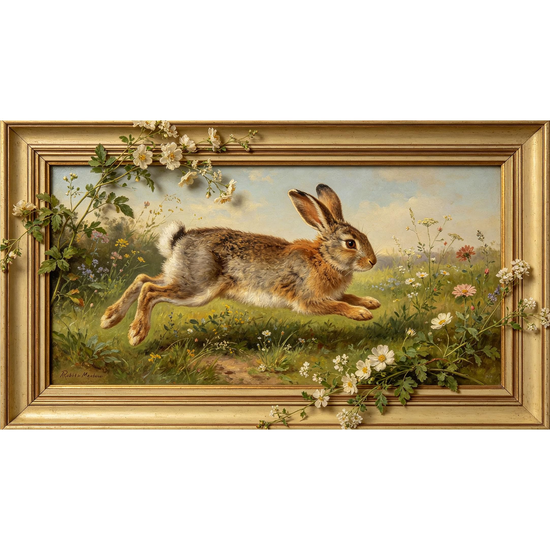 QZLITHOTIC 50x90cm3D Framed Wall Art， Botanical Meadow Rabbit Self‑Adhesive Mural， Water‑Activated Peel & Stick Fabric Decor Wall Decal for Bedroom Living Room