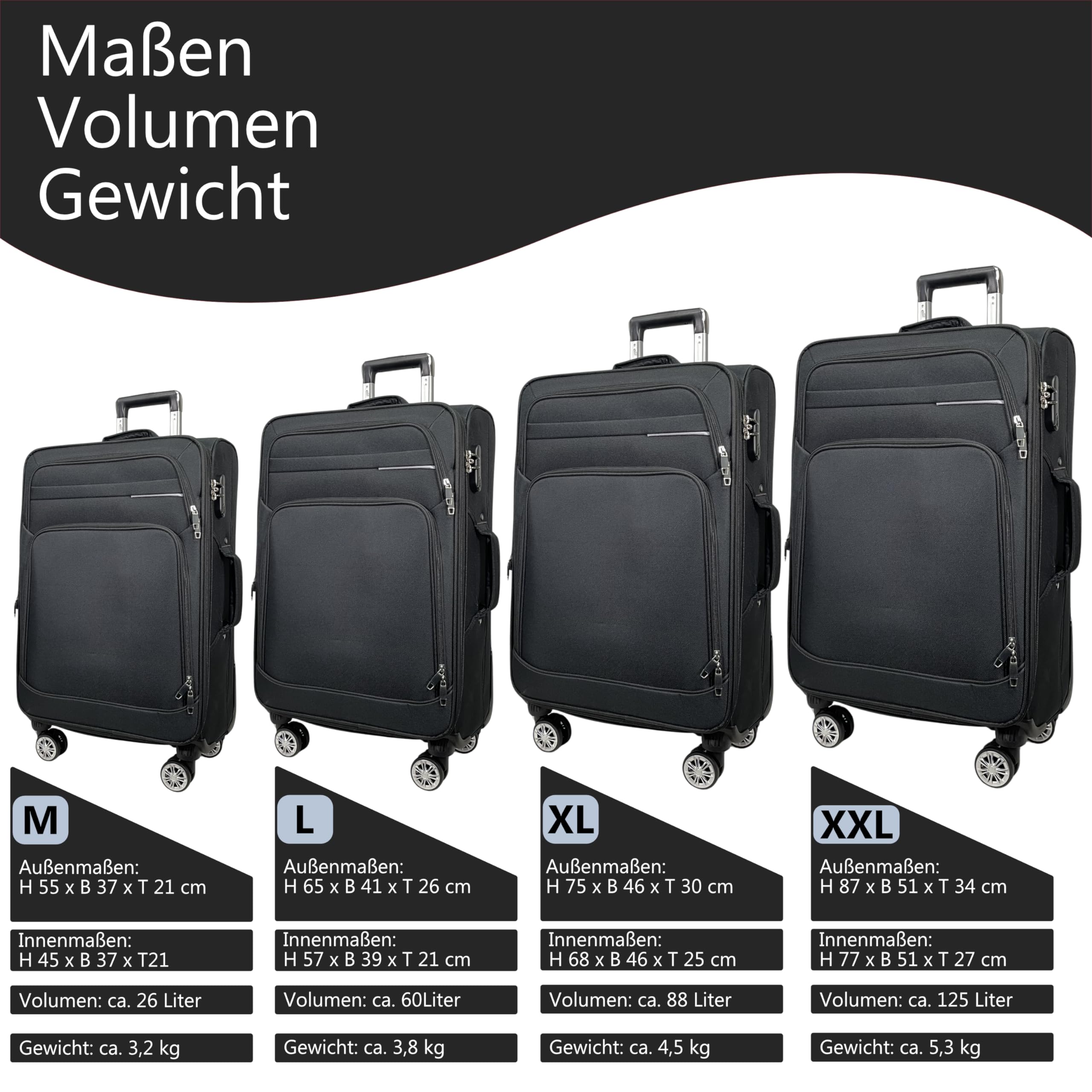 Valise à main en tissu, mallette de voyage, chariot extensible à roues jumelles (M/L/XL/XXL ou lot de 4) bagages souples, Noir , Mittlerer Koffer (65cm)